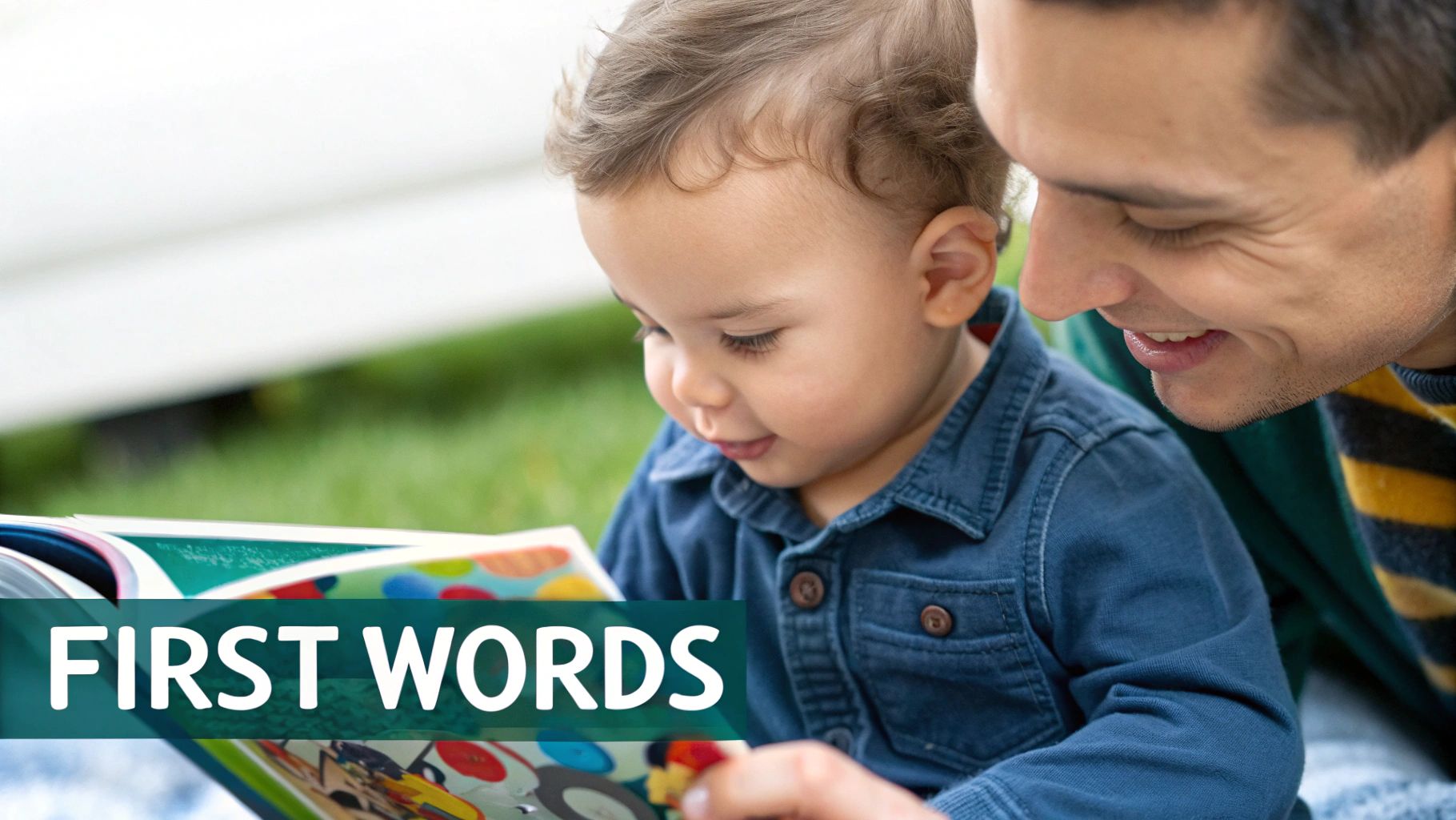 A happy father and his baby boy bond while reading a "FIRST WORDS" book outdoors.