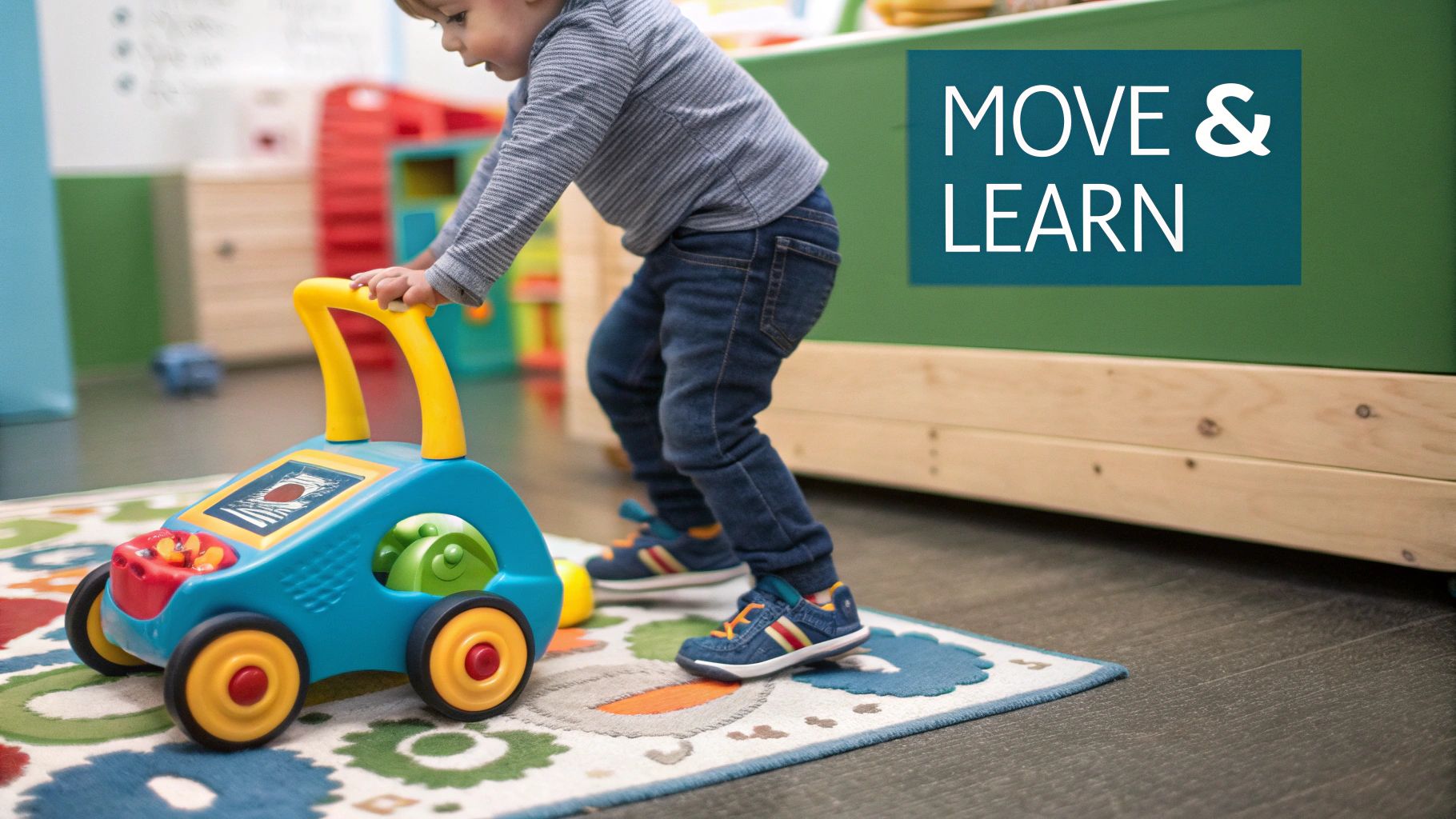 A toddler's hands placing a wooden block on a colourful stack of other blocks, showing focus and careful play.