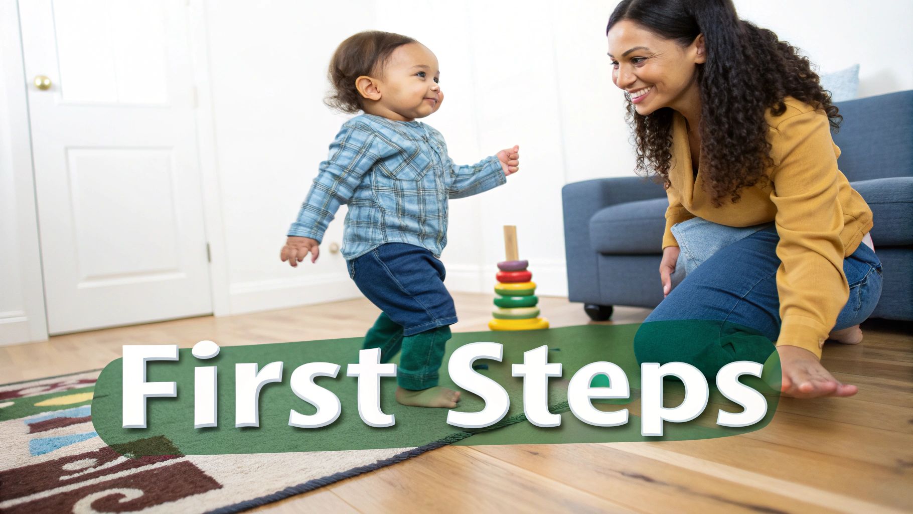 A happy baby takes its first steps towards a smiling mother kneeling on a mat, "First Steps" text overlay.