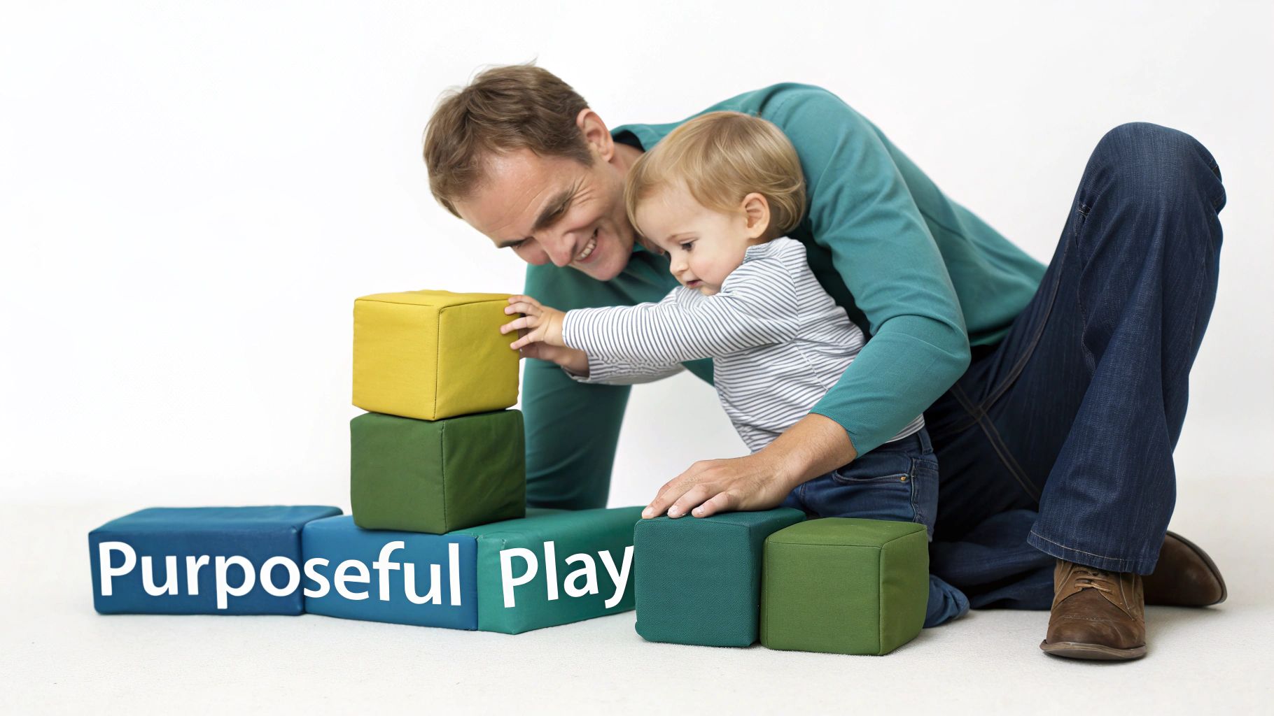 A smiling father and baby playing with colorful building blocks, emphasizing purposeful play.