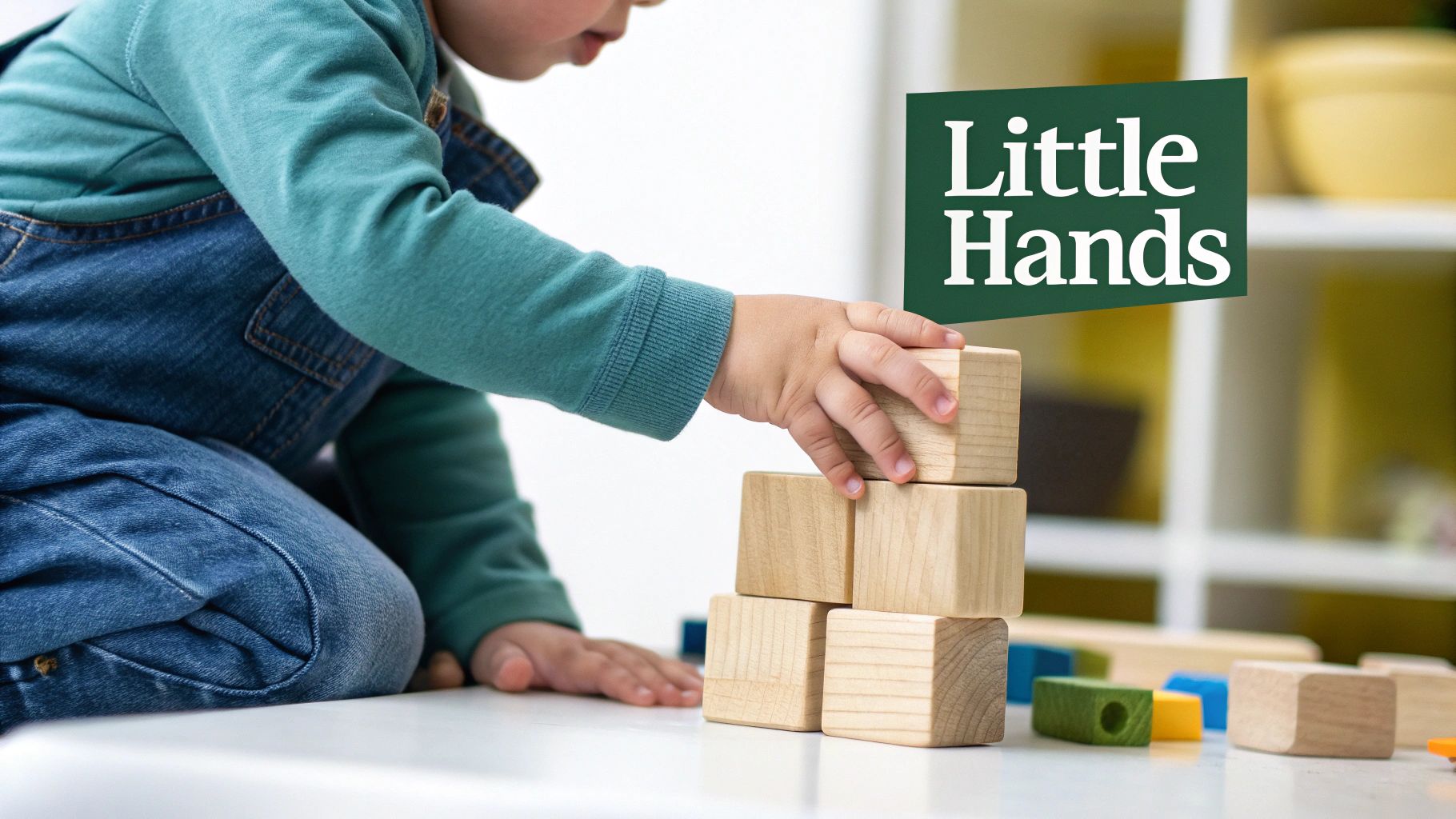 A toddler in denim overalls playing with wooden building blocks, constructing a tower.