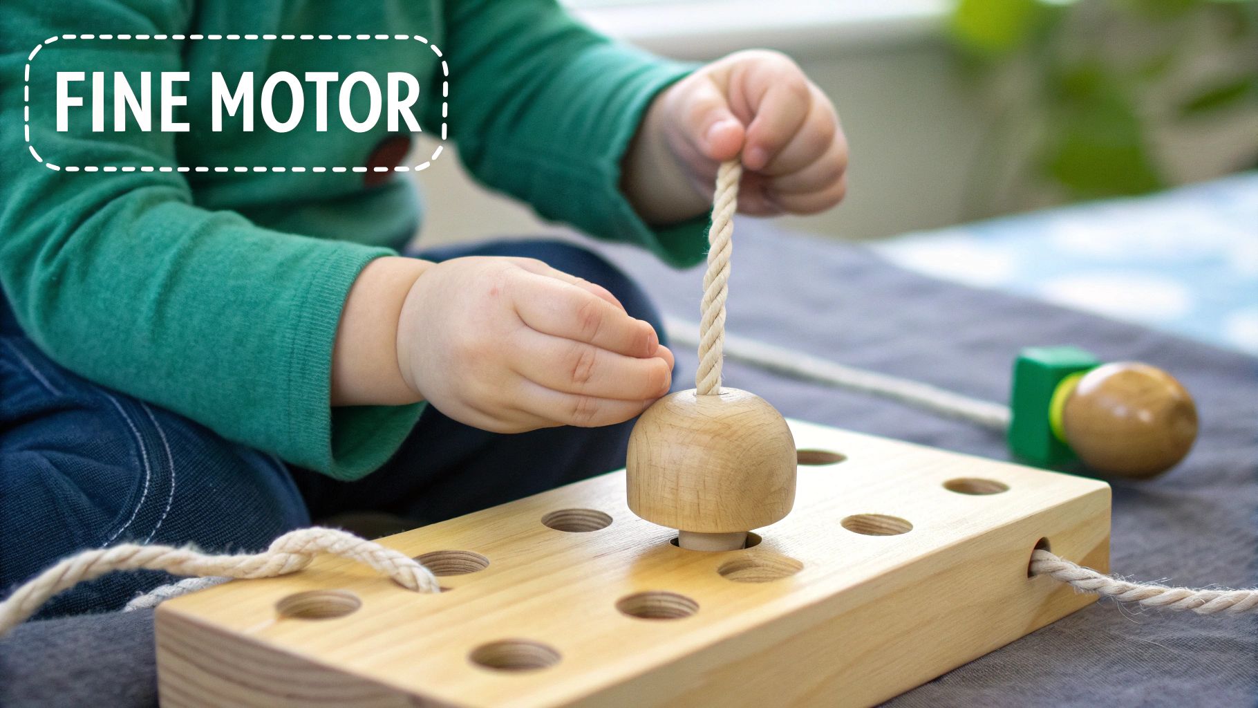 Close-up of a toddler's hands playing with a wooden fine motor skill lacing toy.