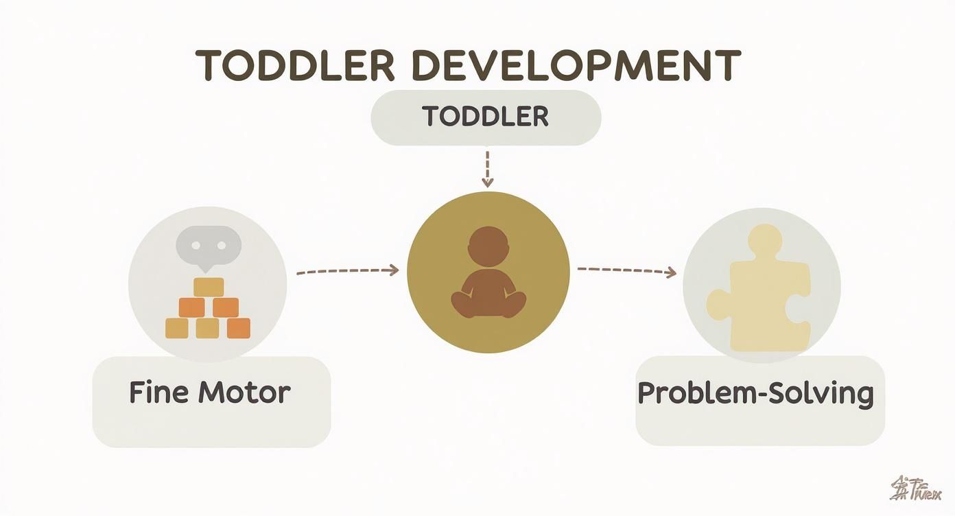 Toddler development diagram showing fine motor skills and problem-solving abilities for young children