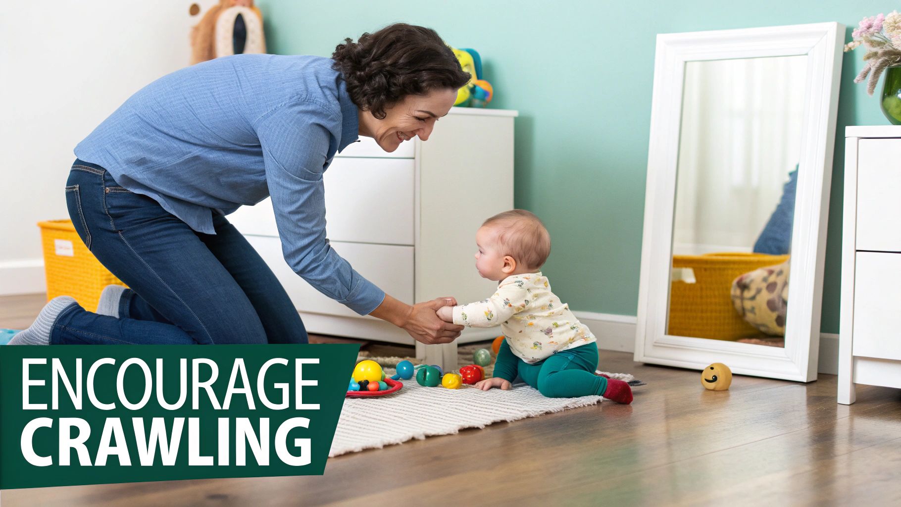 A smiling woman helps a baby practice crawling on a rug with colorful toys.