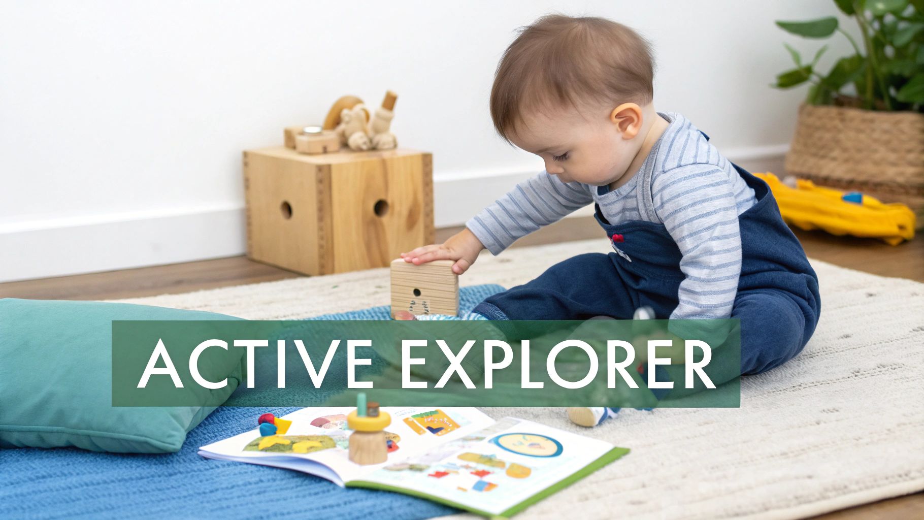 An infant in blue overalls plays with wooden blocks and an open book on a rug.