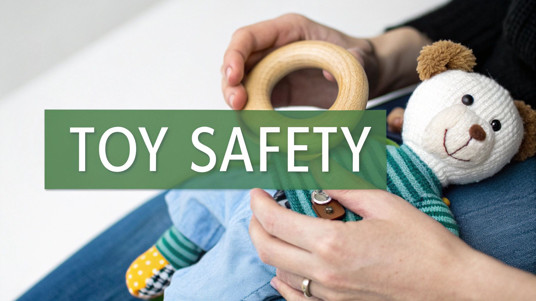 Hands holding a wooden teething ring and a knitted teddy bear, with a "TOY SAFETY" overlay.