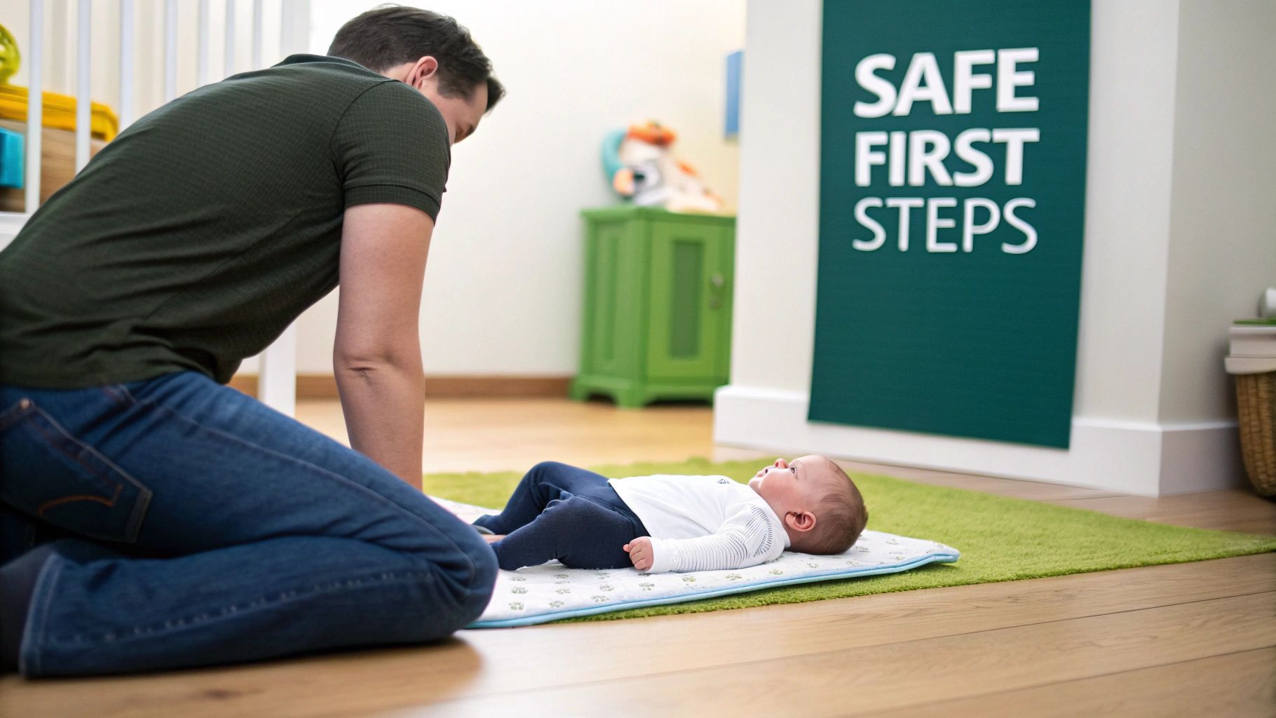 A baby happily engaged in tummy time with toys.