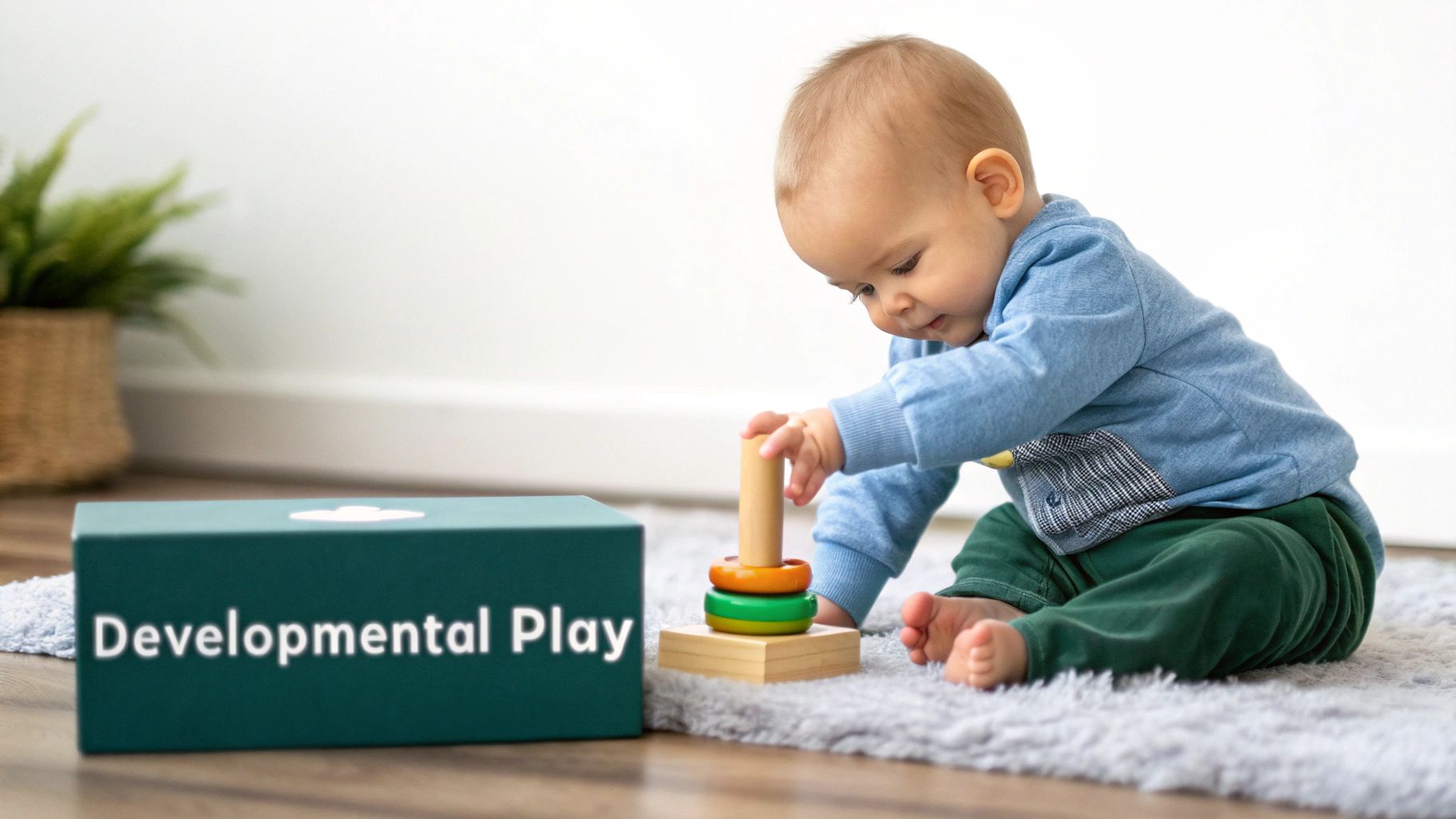 A young baby on a rug stacking rings on a wooden toy, with a 'Developmental Play' box nearby.