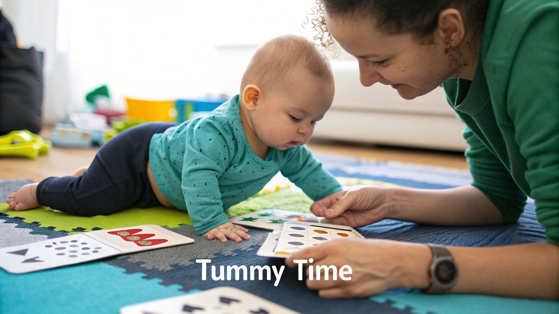 A happy baby on a playmat during tummy time, engaging with an adult and colourful learning cards.