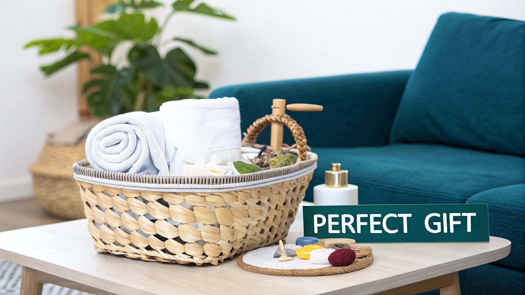 A woven basket filled with rolled blue and white towels, spa items, and a 'Perfect Gift' sign.