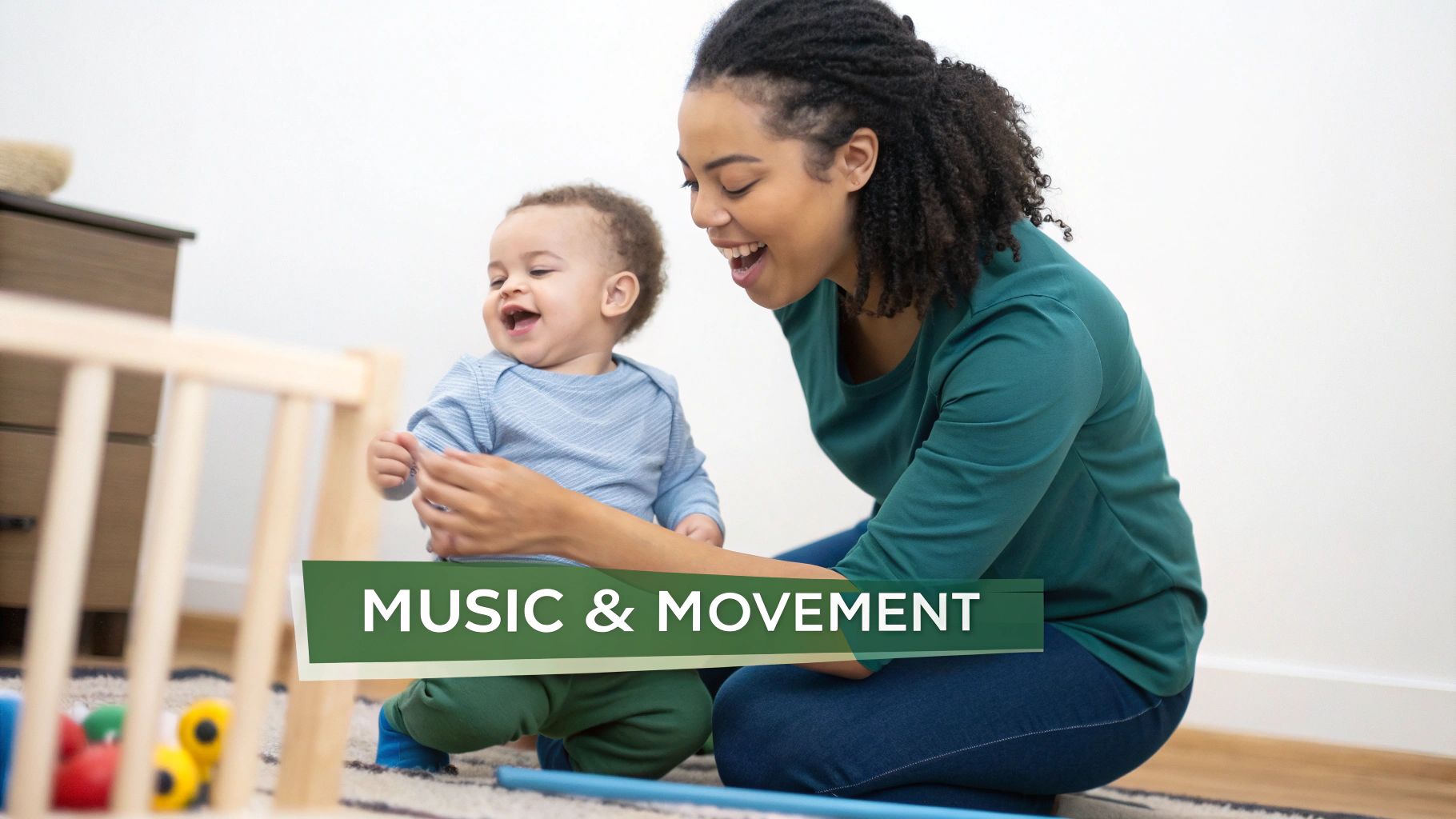 A joyful woman and baby participate in a "Music & Movement" activity, both smiling and laughing.