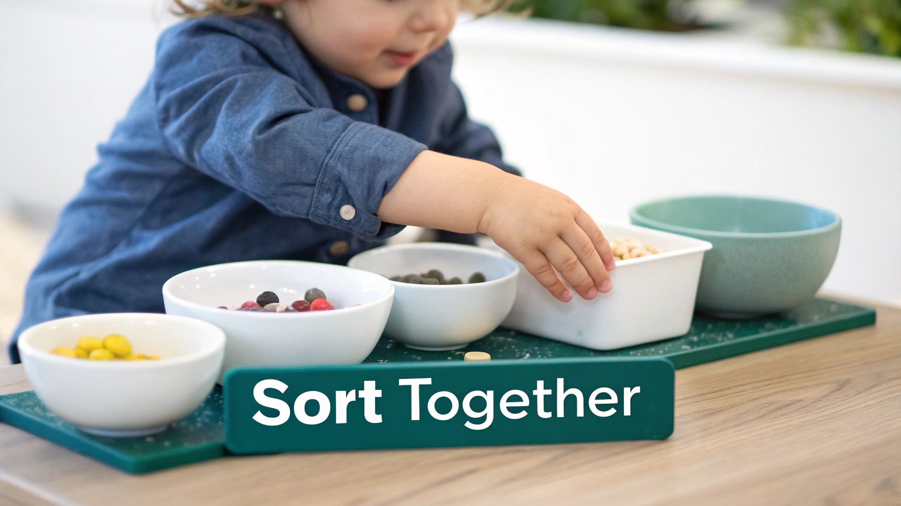 A toddler sorting colourful wooden blocks into matching bowls.