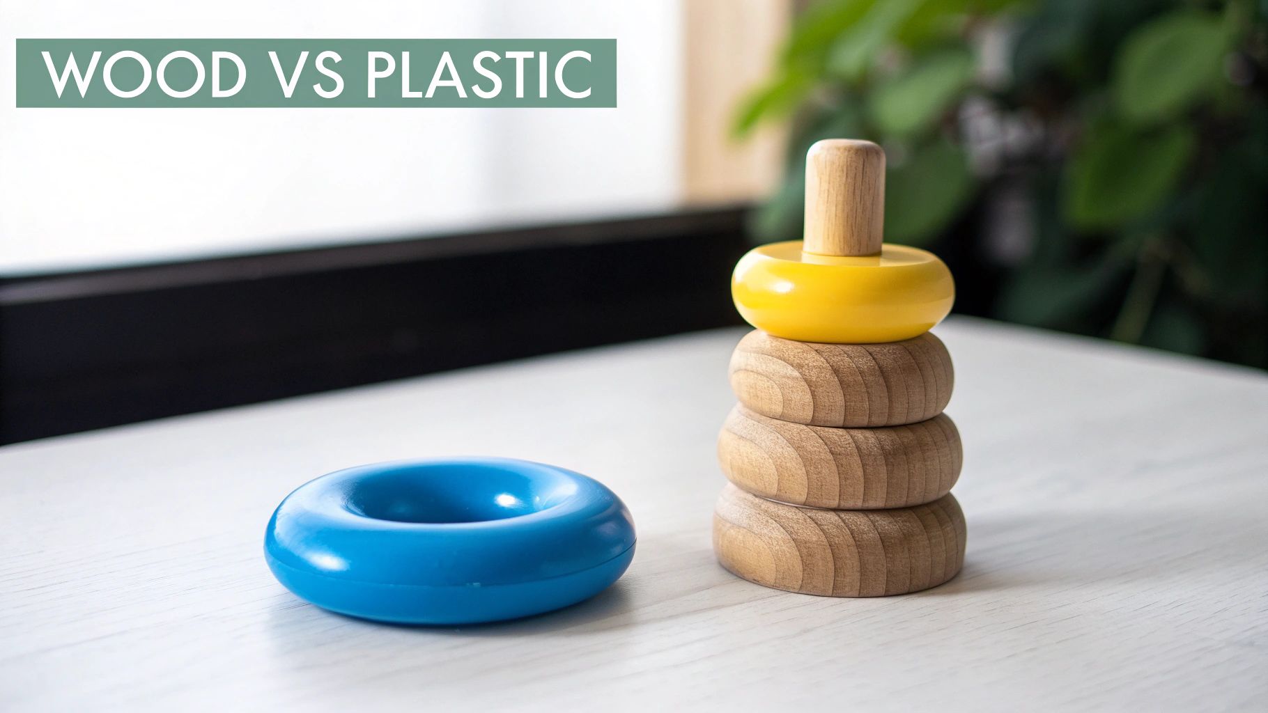 A wooden stacking toy with a yellow ring next to a single blue plastic ring, labeled 'WOOD VS PLASTIC'.
