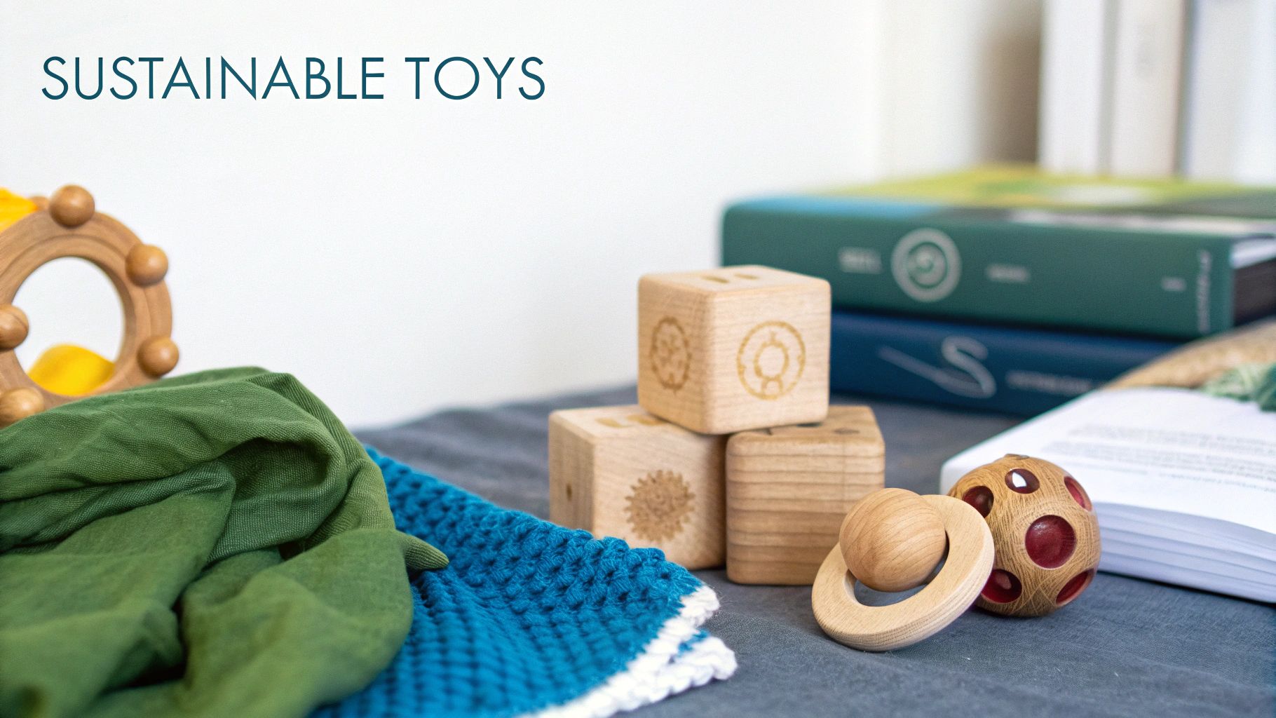Sustainable wooden toys and organic fabric items displayed on gray surface with books