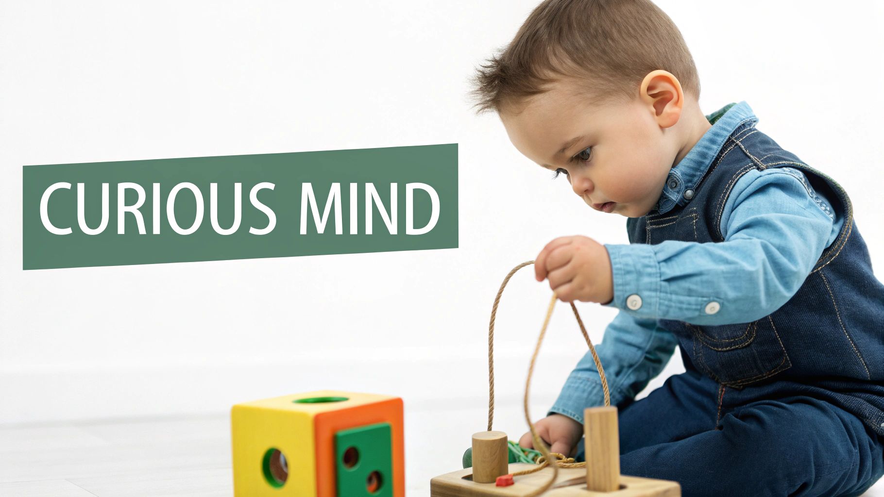 A toddler in denim plays with a wooden bead maze and colorful shape sorter, showing a curious mind.