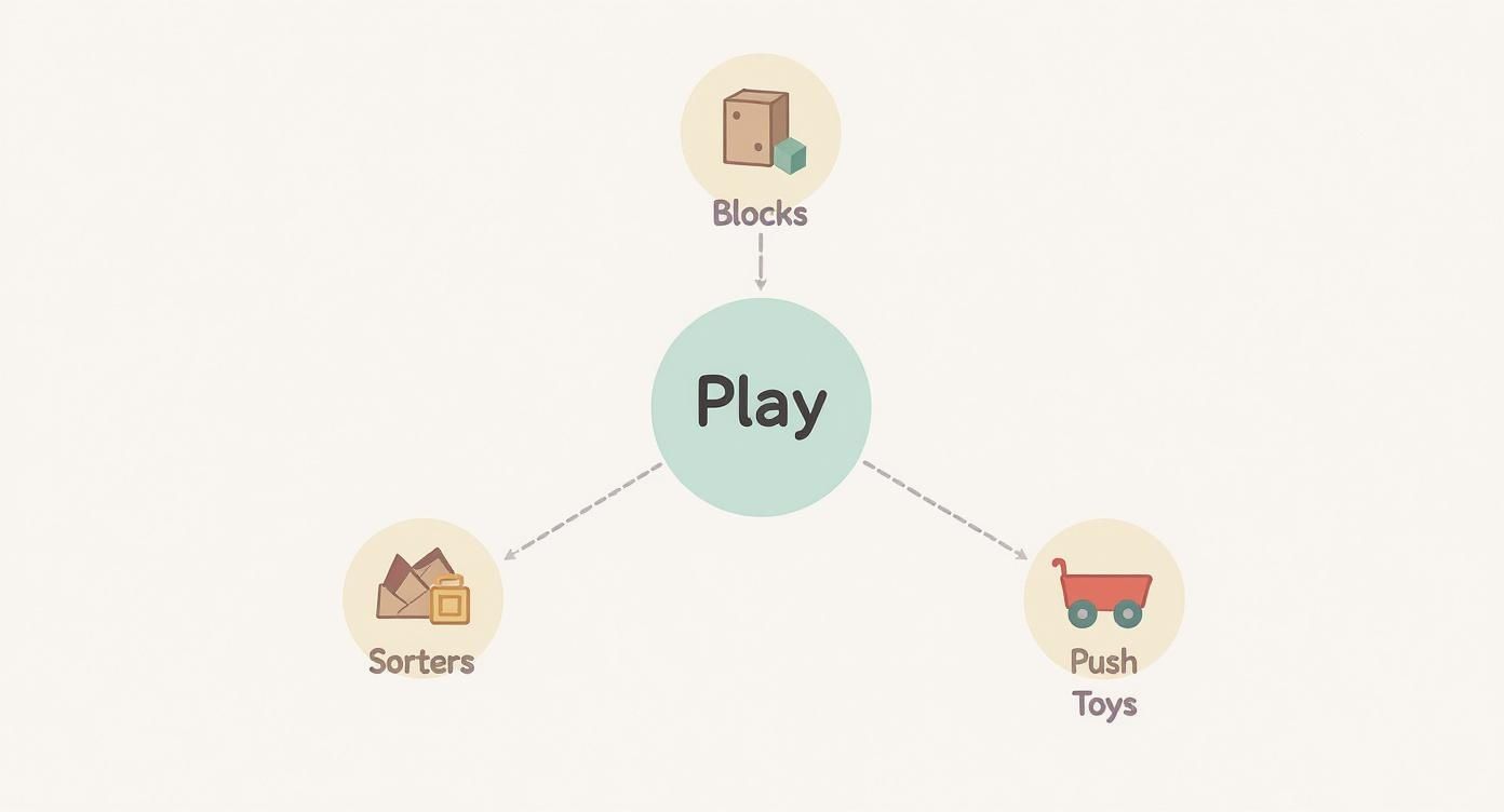 Diagram showing play activities for one year olds including blocks, sorters, and push toys