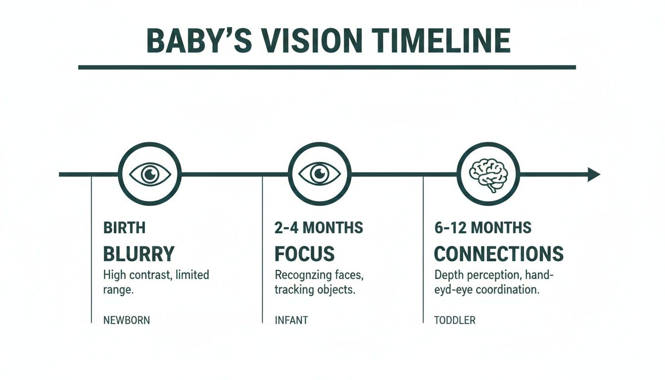 A detailed timeline illustrating baby's vision development from blurry at birth to focused and coordinated vision.