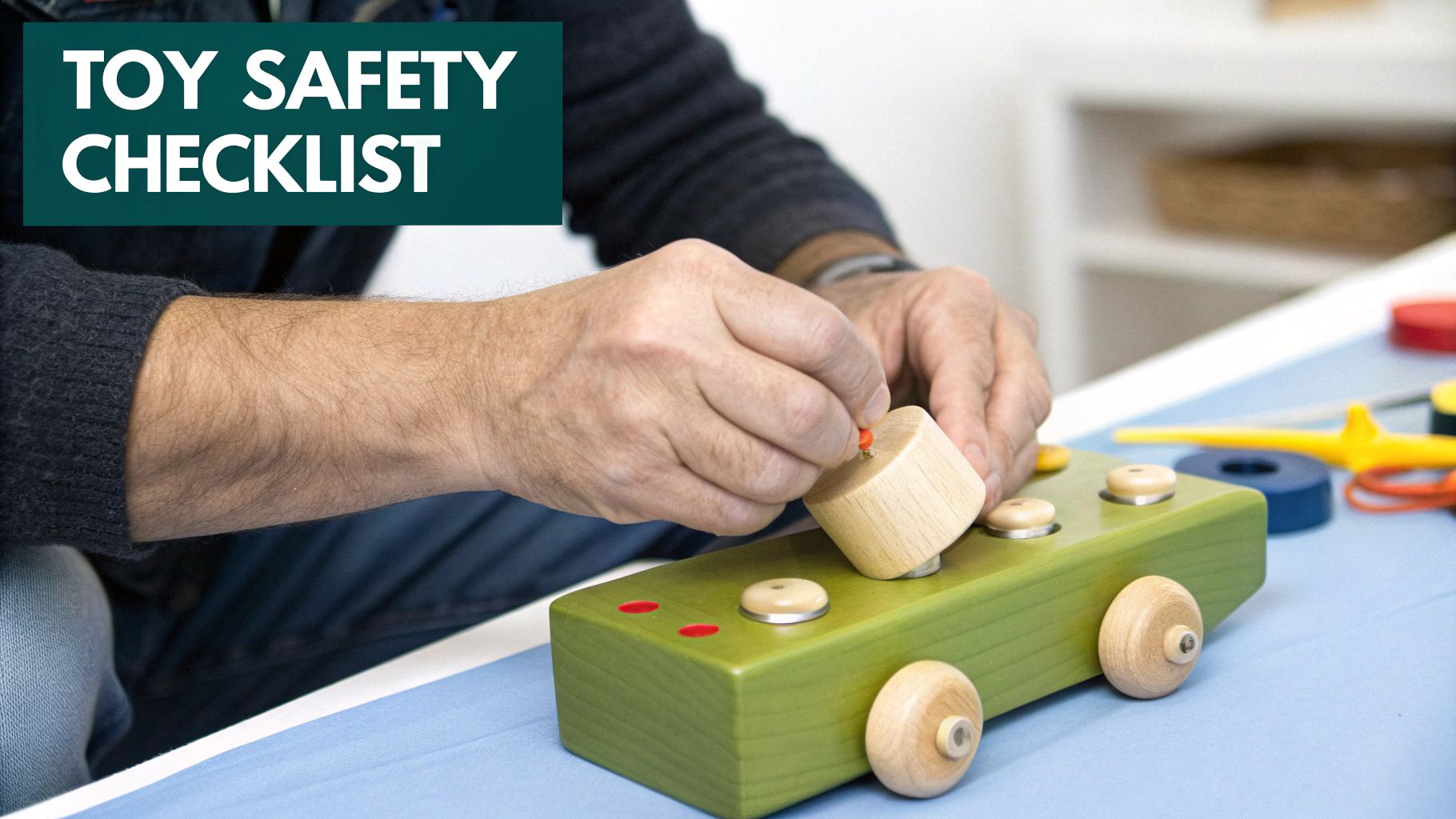 Hands assemble a wooden toy car on a blue surface with 'Toy Safety Checklist' text overlay.
