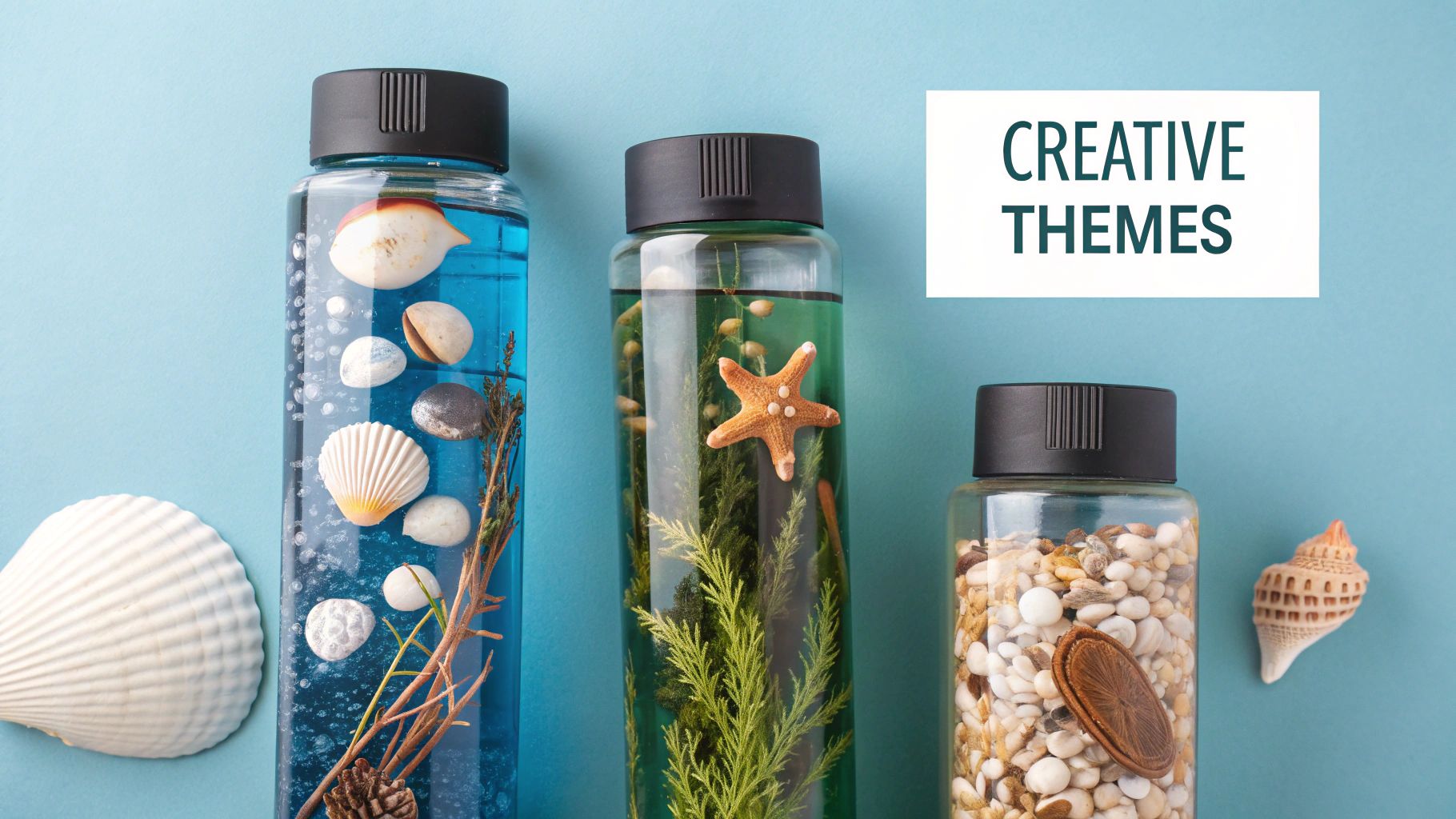 A variety of colourful DIY sensory bottles with different themes, arranged on a wooden table.