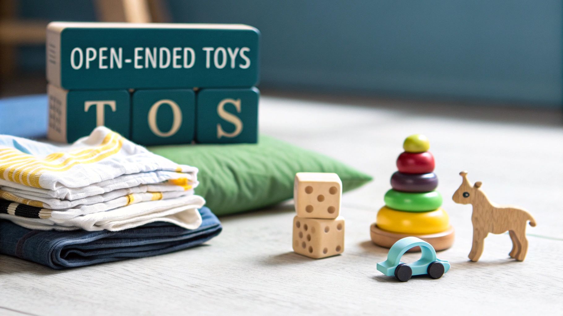 A child playing with colourful, open-ended wooden toys and animal figures on the floor.