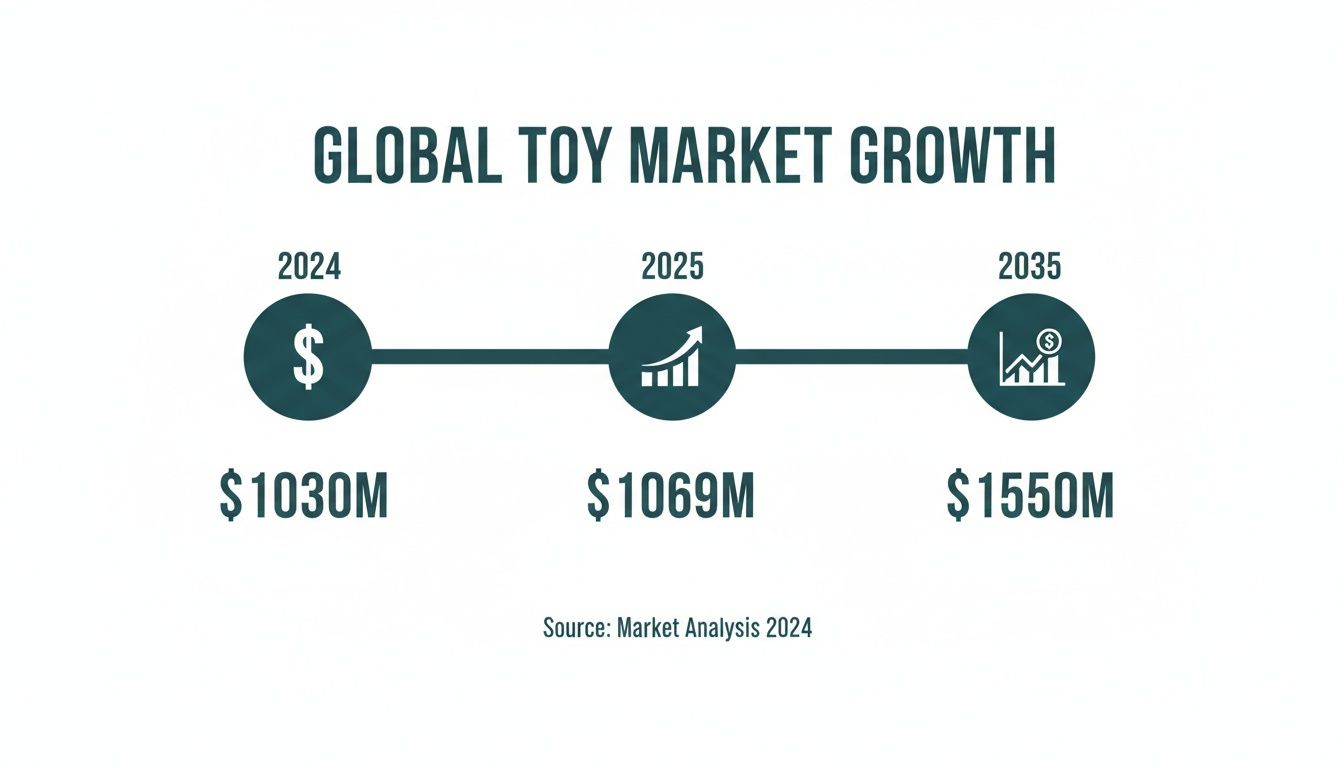 A timeline illustrating global toy market growth projections from 2024 ($1030M) to 2035 ($1550M).