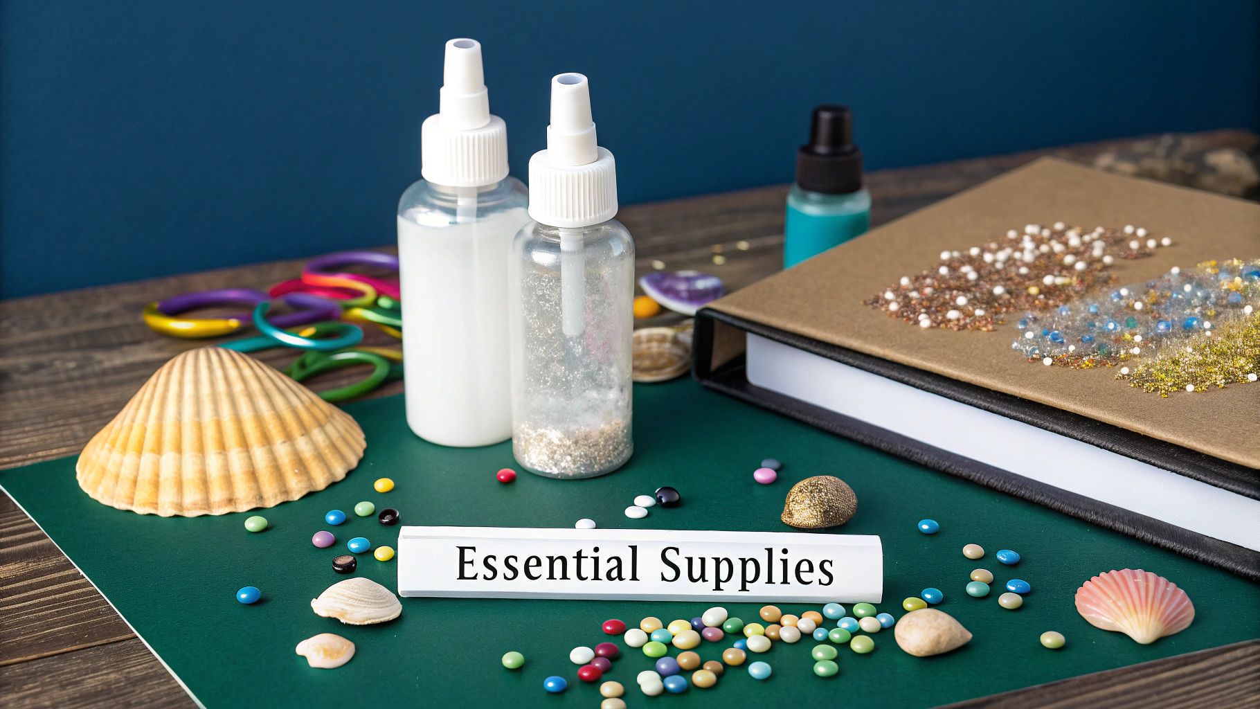 A collection of craft supplies for making sensory bottles, including glitter, beads, and empty plastic bottles.