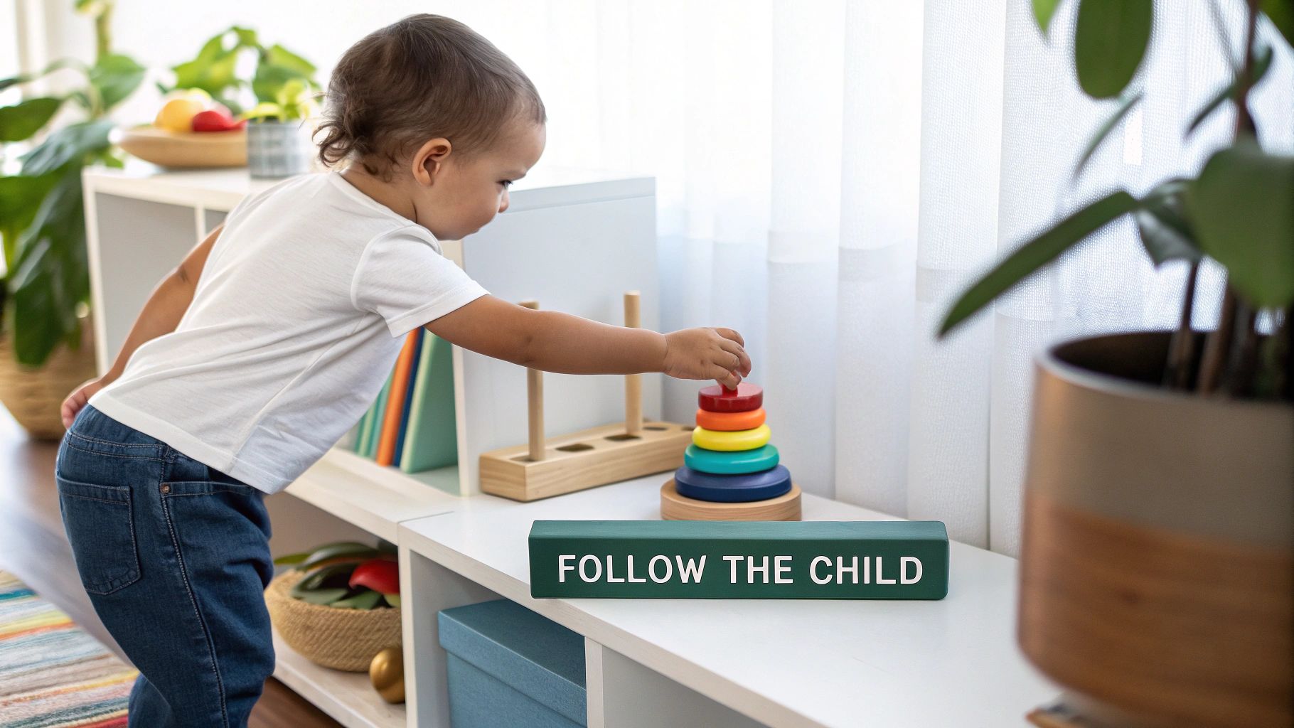 Toddler playing with colorful stacking ring toy on white shelf following Montessori principles