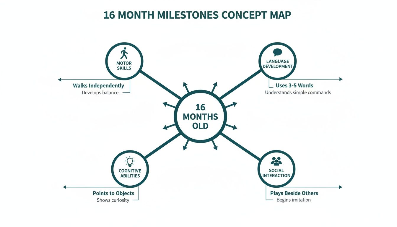 A concept map illustrating 16-month developmental milestones across motor, language, cognitive, and social domains.