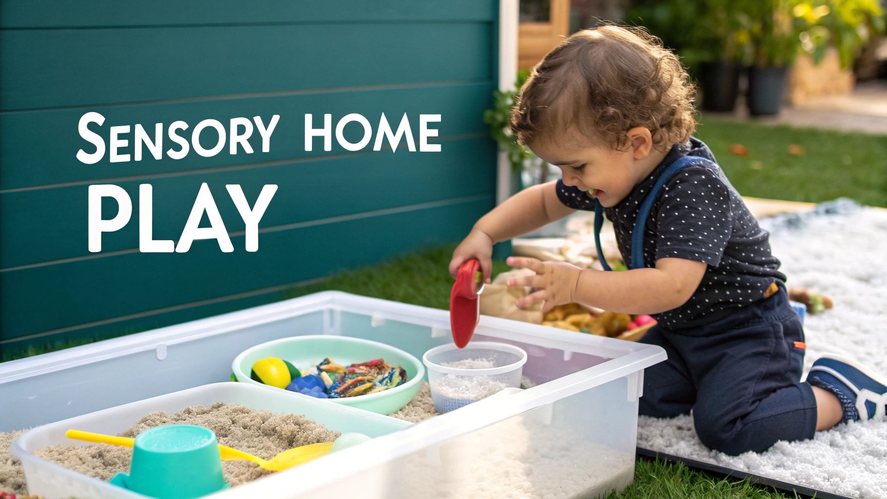 A child's hands playing in a sensory bin filled with colourful pasta and wooden scoops.