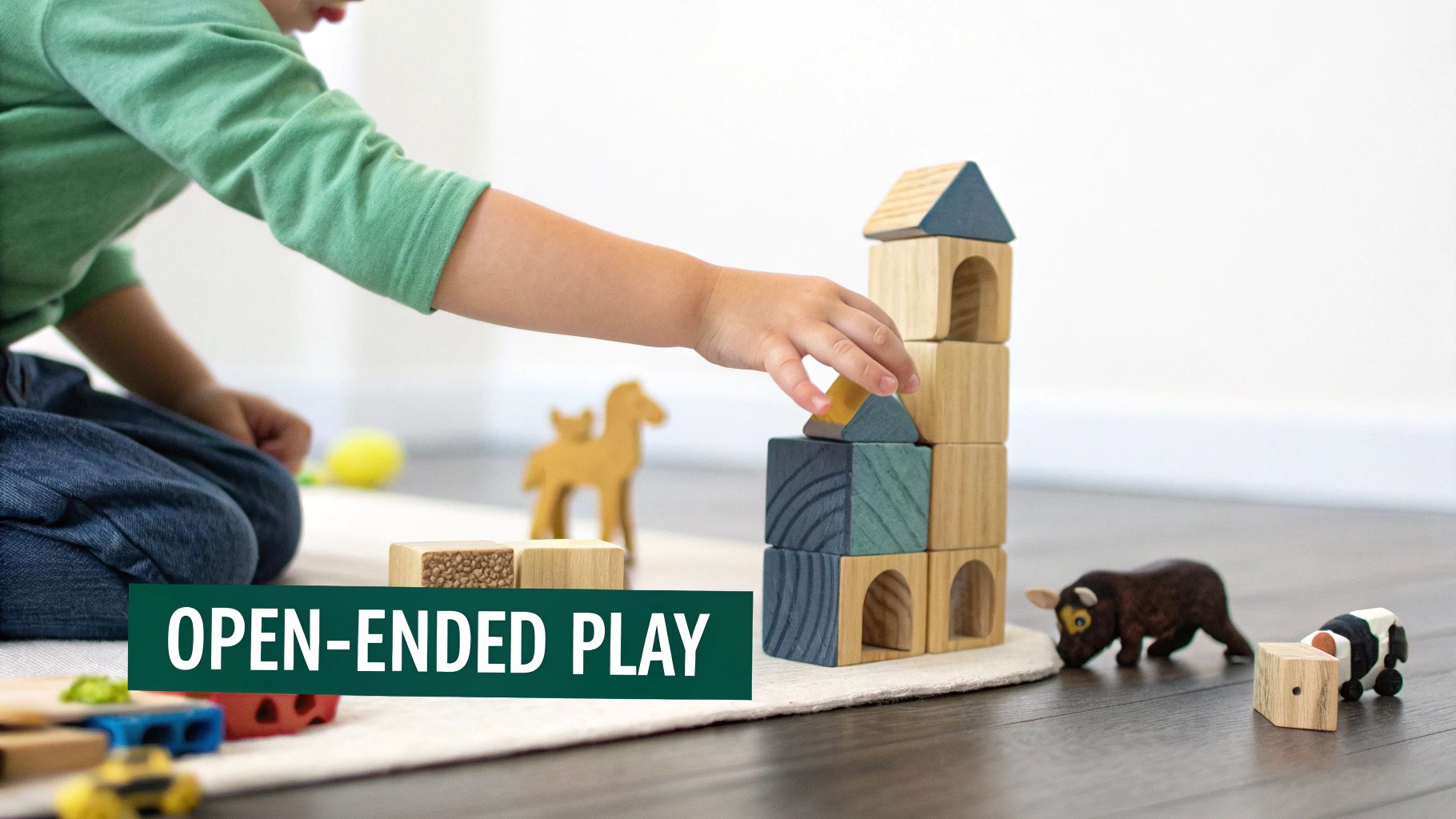 Child building tower with wooden blocks demonstrating open-ended play with educational toys and animal figures