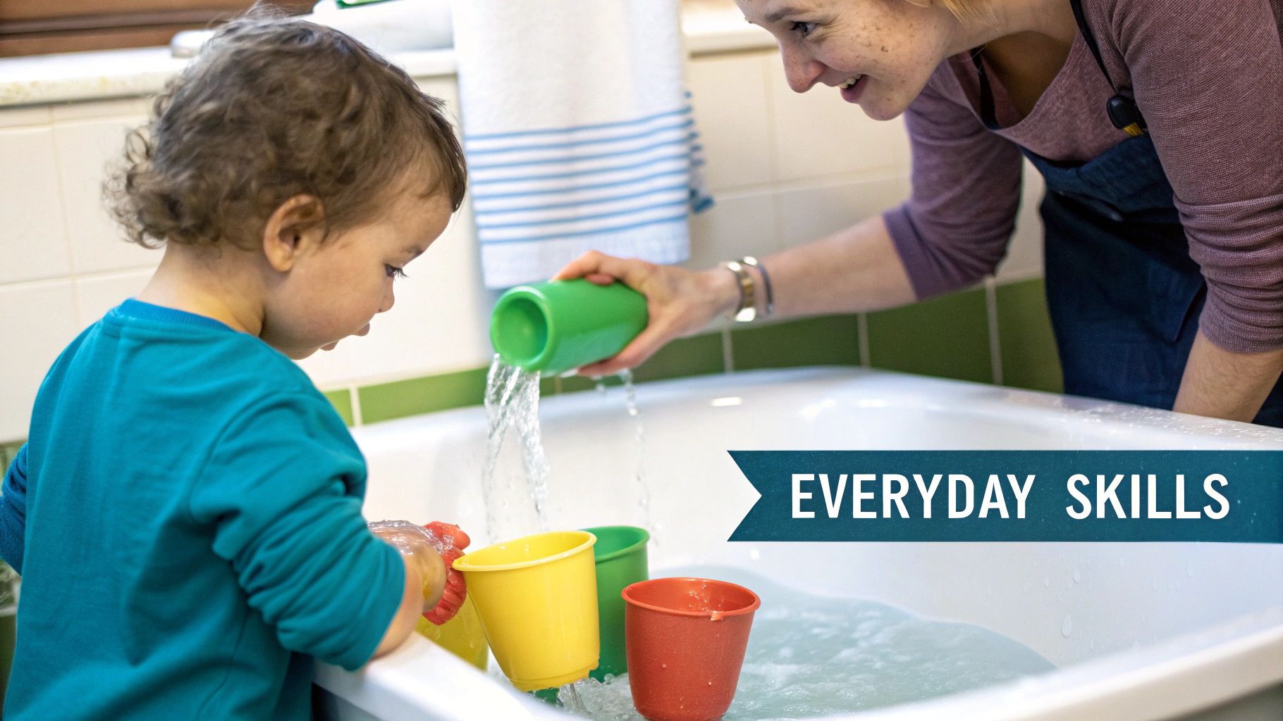 A toddler's hands helping to button a large button on their coat.