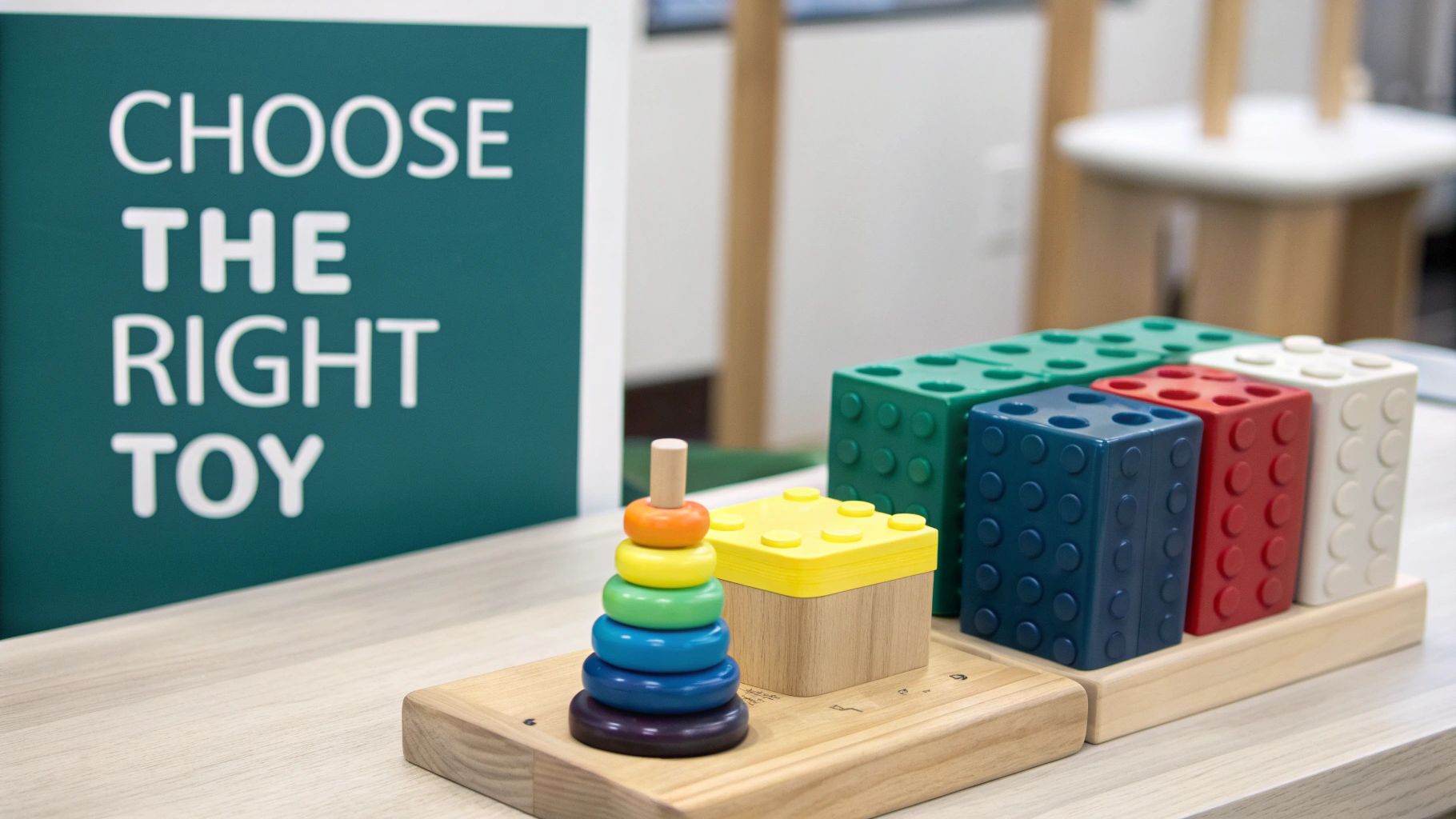 A collection of colourful sensory toys for toddlers laid out on a clean, light-coloured surface.