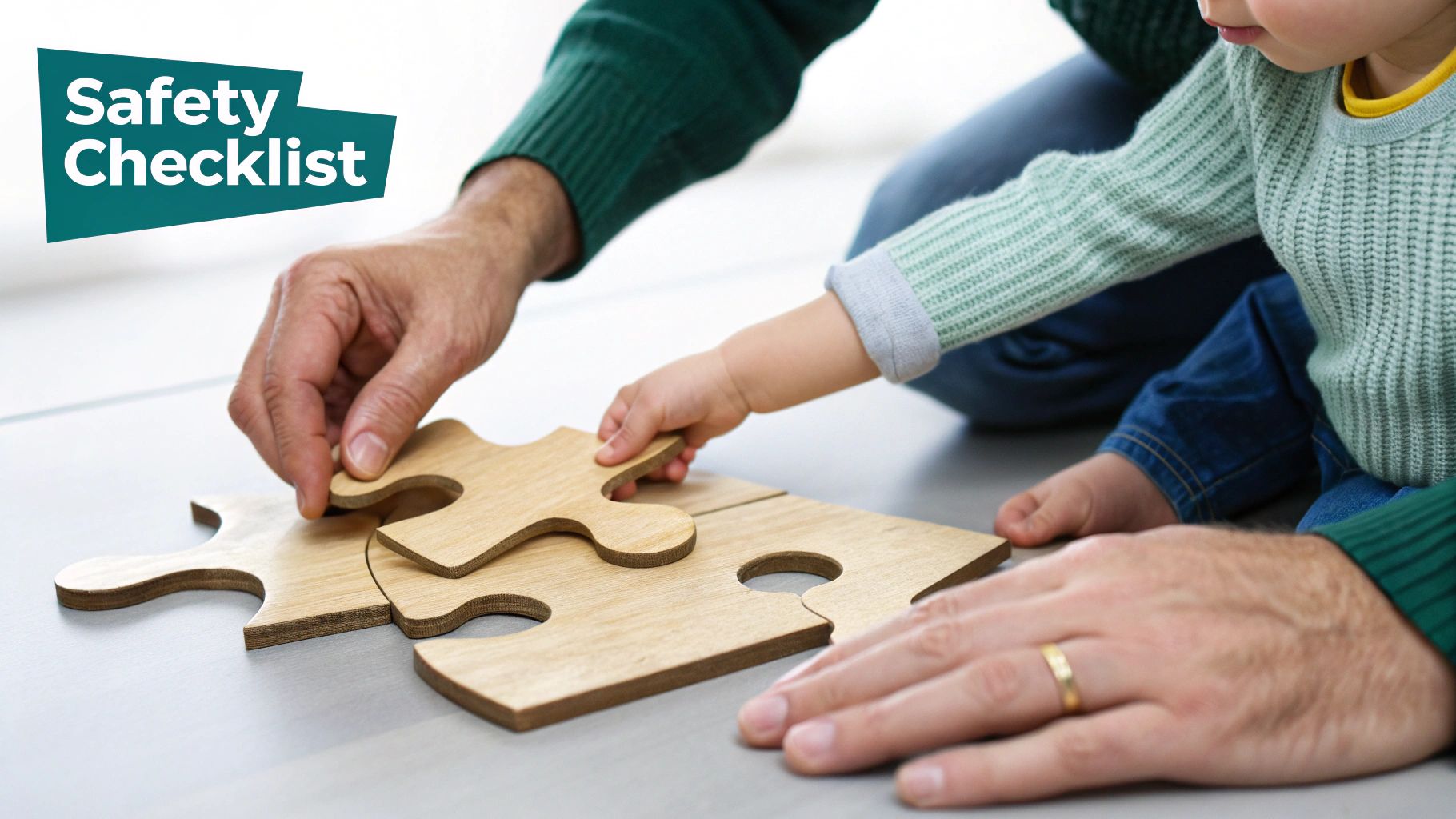 An adult and a young child are playing together, assembling wooden puzzle pieces on a light floor.
