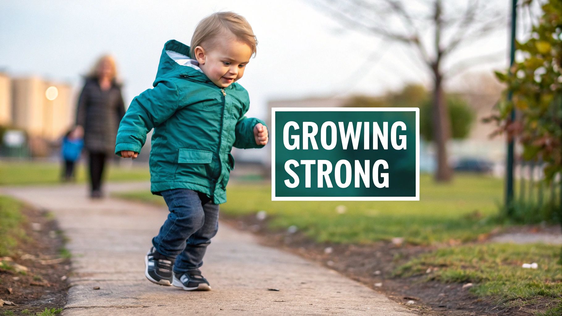 A happy toddler in a teal jacket and jeans walks on a sidewalk, smiling, with an adult in the background.