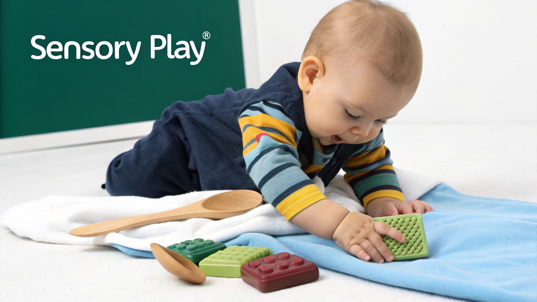 A happy baby on a blanket exploring colorful sensory blocks and wooden spoons during playtime.
