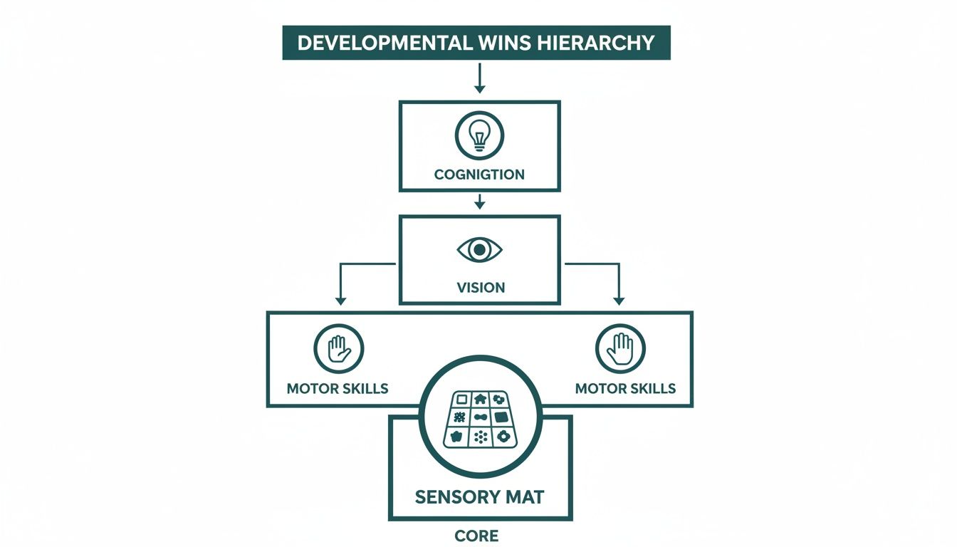 A hierarchical diagram illustrating developmental wins from cognition to vision, motor skills, and sensory mat core.