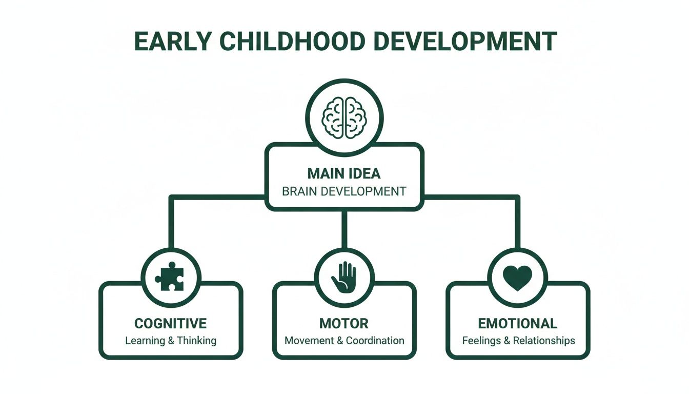 Diagram illustrating early childhood development, focusing on brain, cognitive, motor, and emotional development.