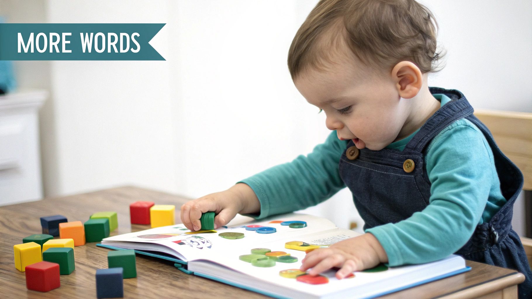 Toddler engrossed in an activity book, arranging colorful shapes, with wooden blocks scattered around.