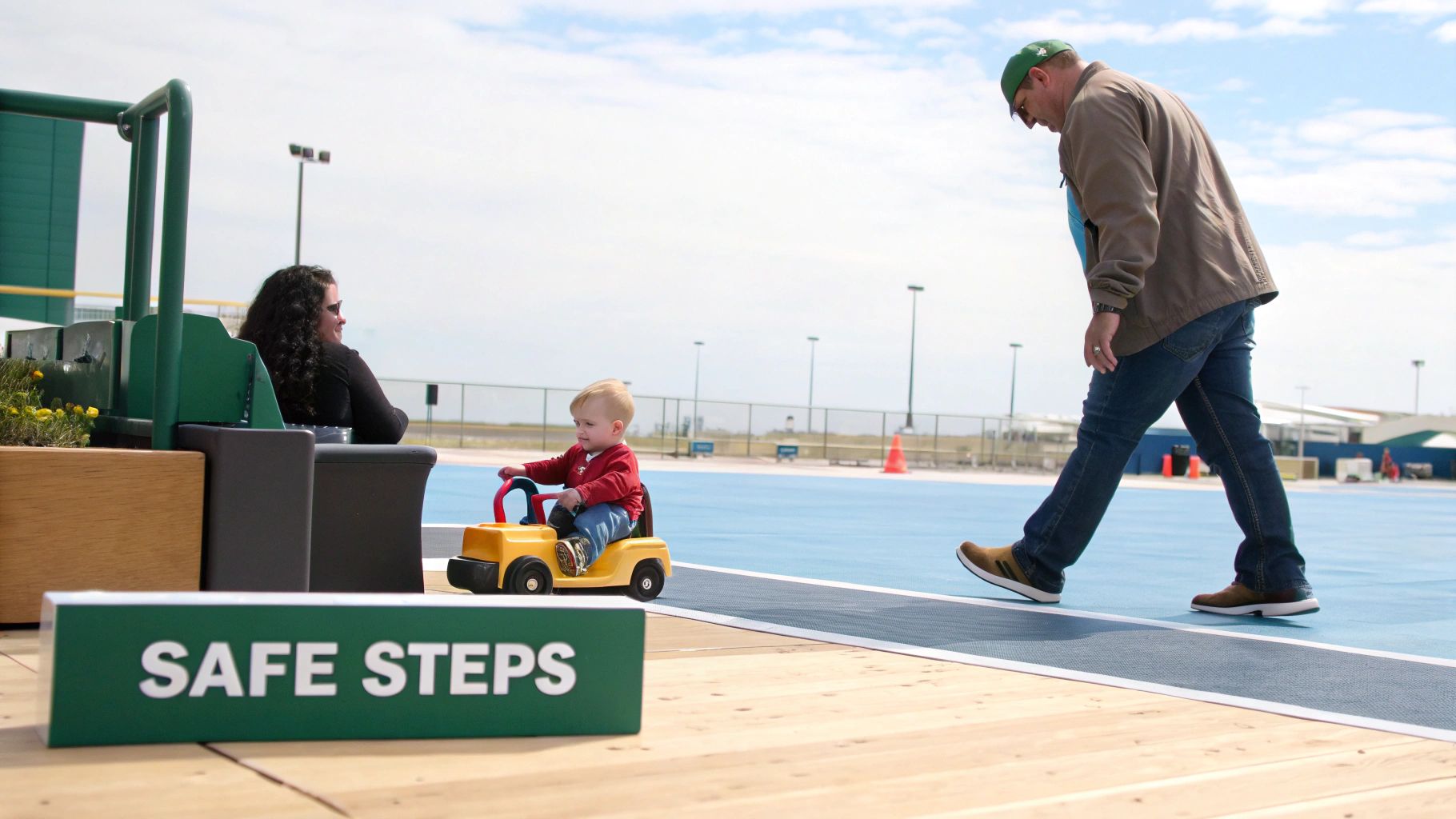 A concerned parent looking at their baby, who is sitting happily on the floor instead of trying to walk.