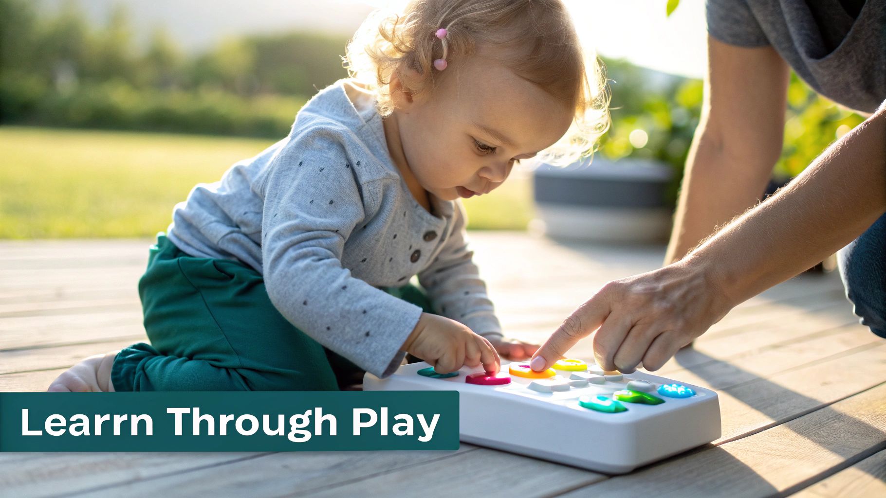 A toddler and an adult play together with a colorful interactive learning toy on an outdoor deck.
