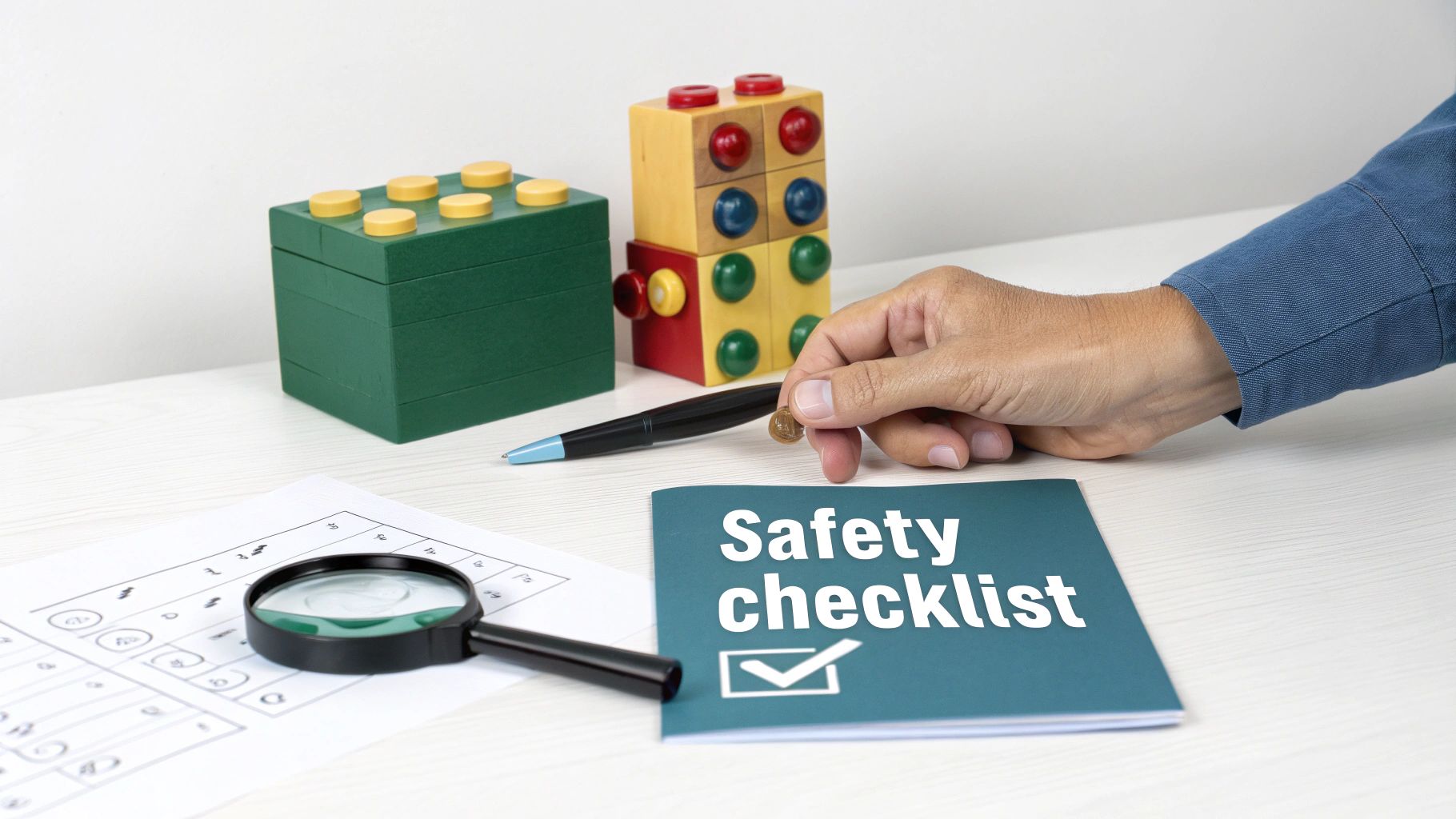 Hand reviewing safety checklist with building blocks, magnifying glass, and inspection documents on desk