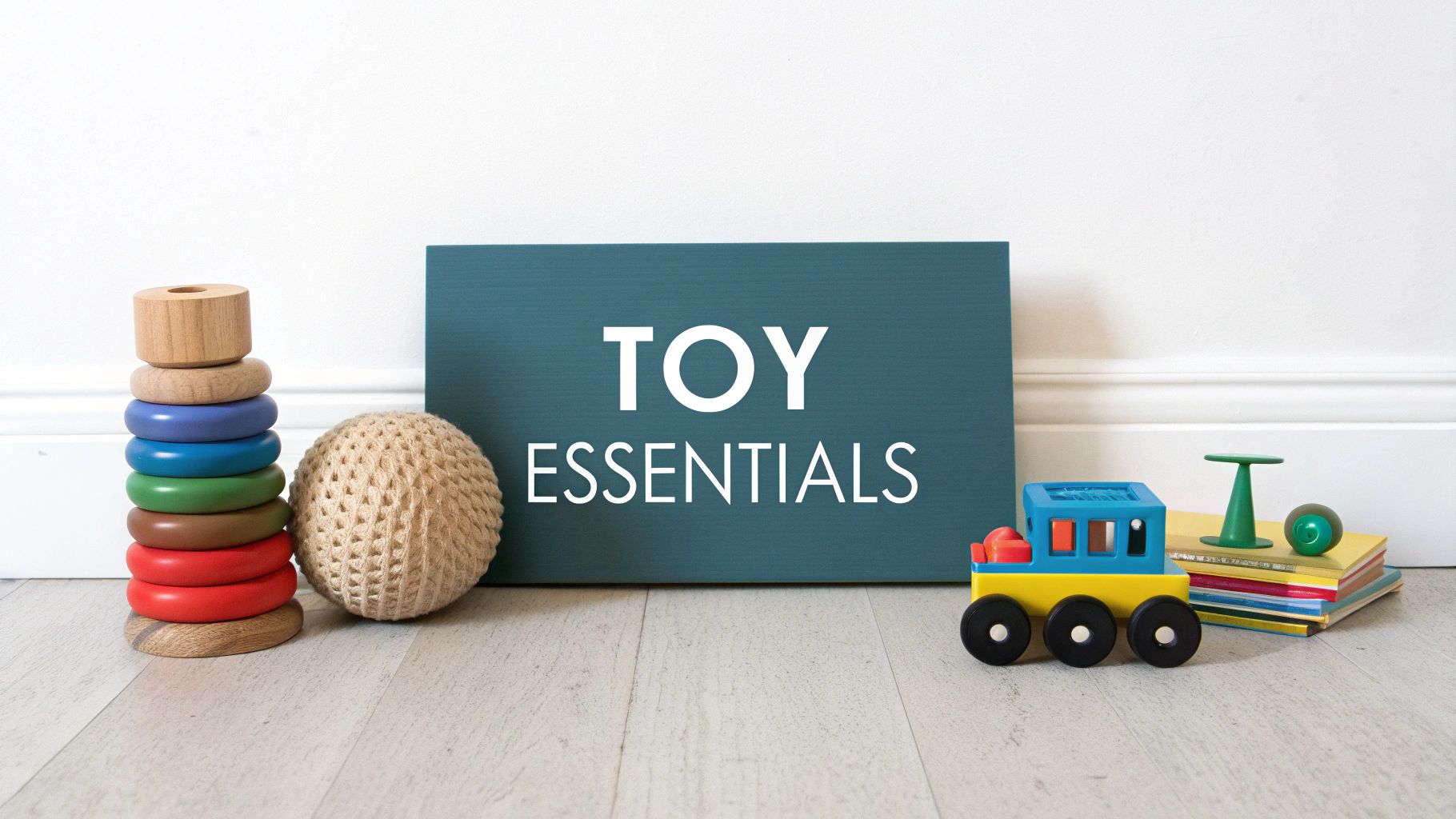 A collection of colorful wooden and knitted baby toys, including a stacking ring tower, a textured ball, and a toy train.