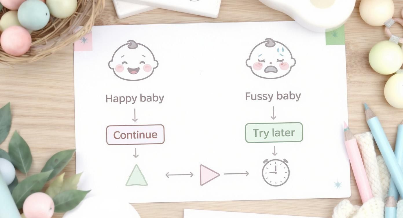 Flowchart on responsive play with a baby, showing steps for happy vs. fussy infants, surrounded by baby toys.