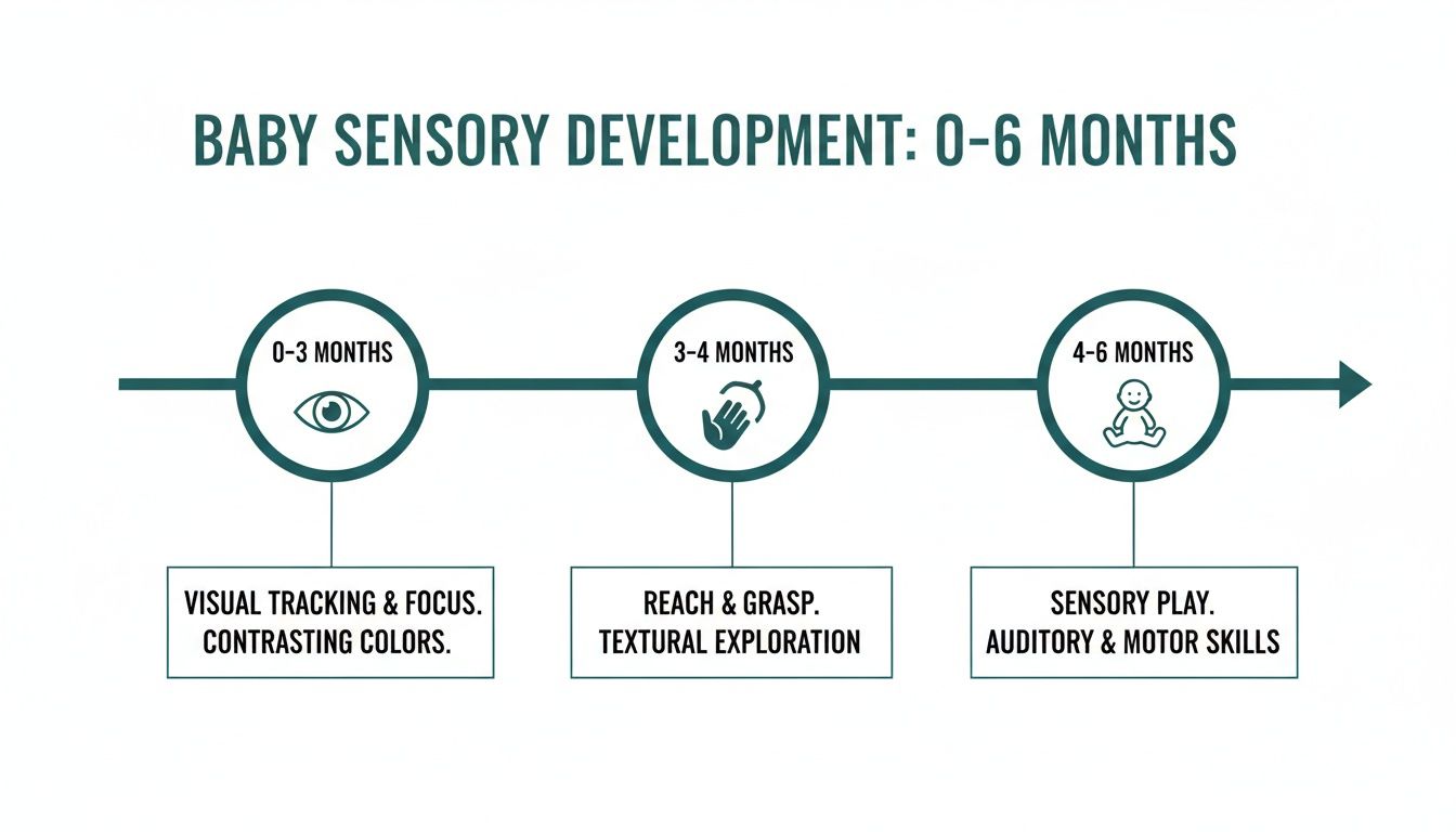 A timeline illustrating baby's sensory development milestones from 0 to 6 months, covering visual, tactile, and motor skills.