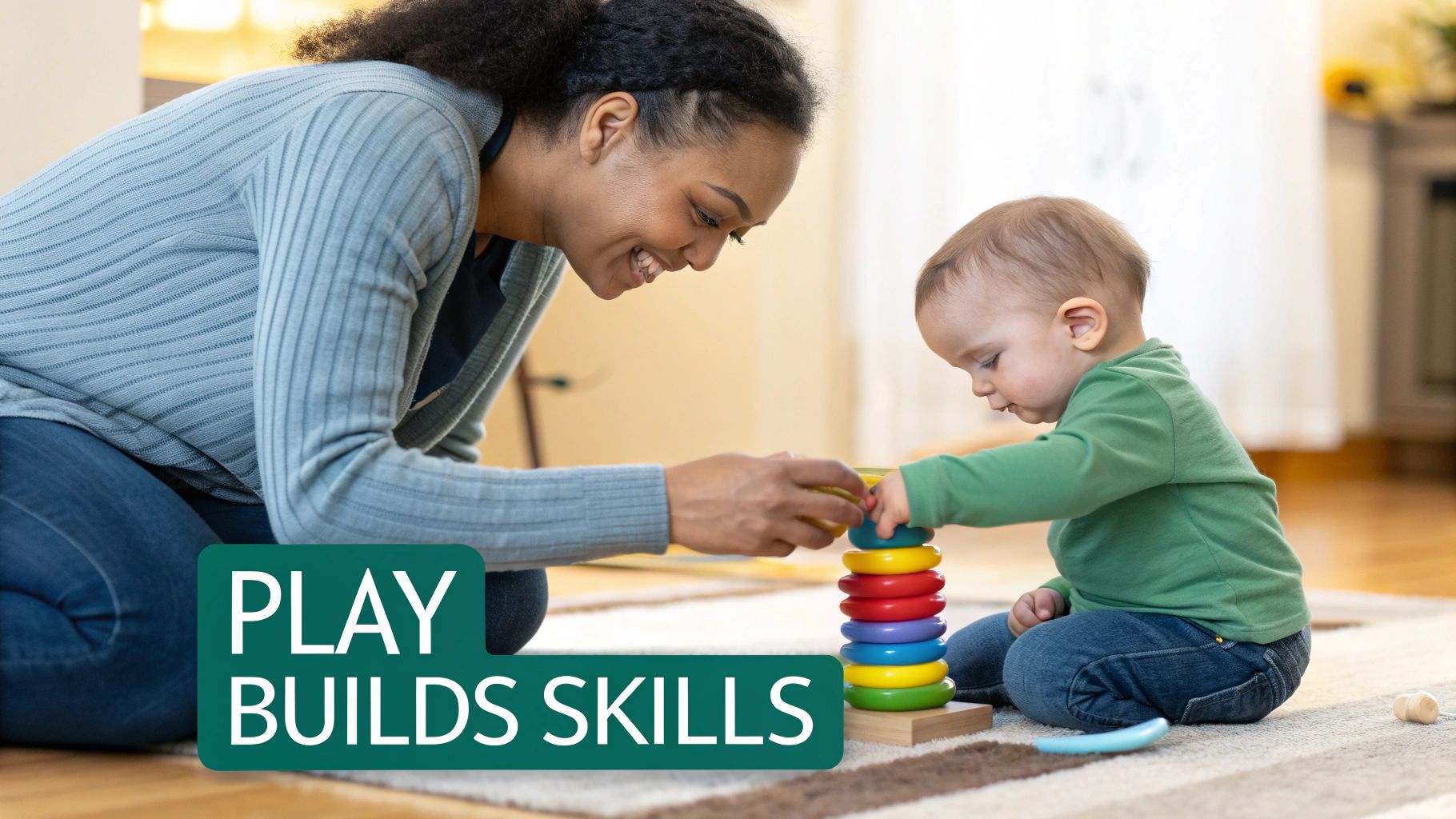 A smiling adult and a baby on the floor playing with a colorful stacking toy.