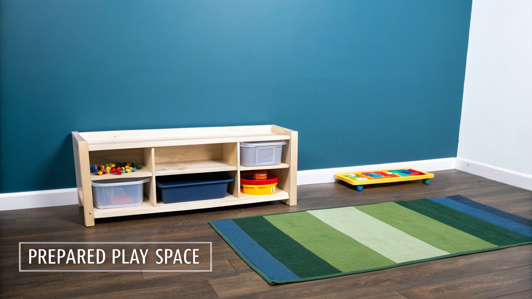 A calm, organised playroom with low wooden shelves displaying a few selected Montessori toys.
