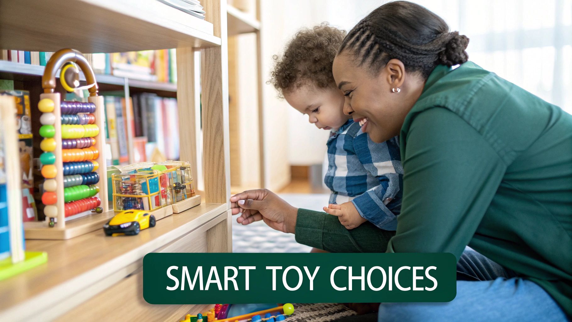 A toddler sits on the floor surrounded by colourful wooden blocks and toys.