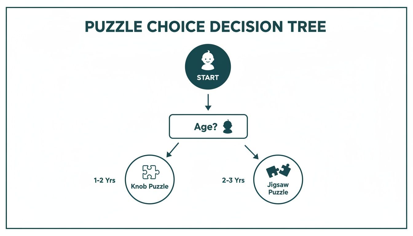 A puzzle choice decision tree flowchart recommending knob puzzles for 1-2 year olds and jigsaw puzzles for 2-3 year olds.