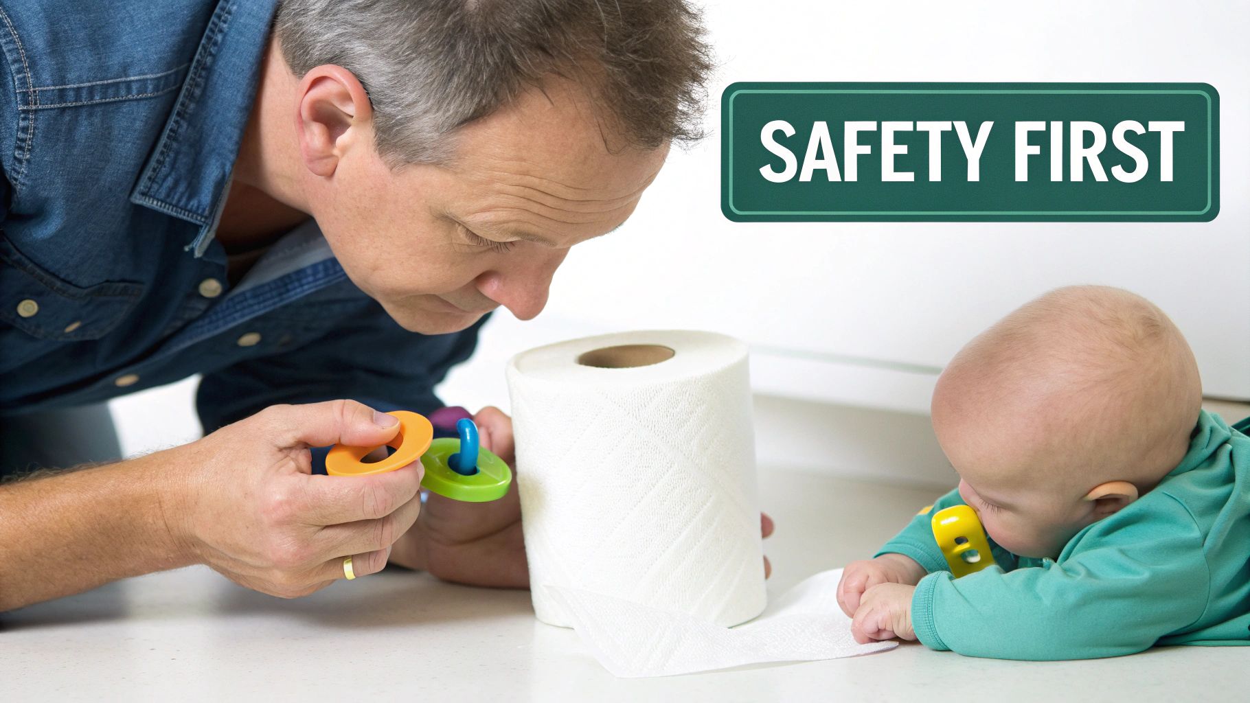 Parent showing colorful stacking ring toy to baby near paper towels with safety first sign