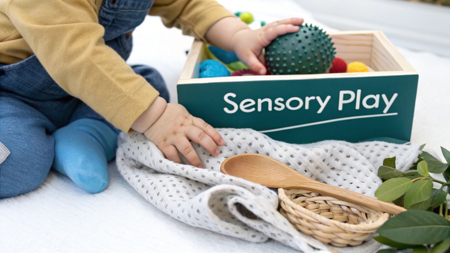 Baby's hands exploring a 'Sensory Play' box with a spiky green ball and other toys.